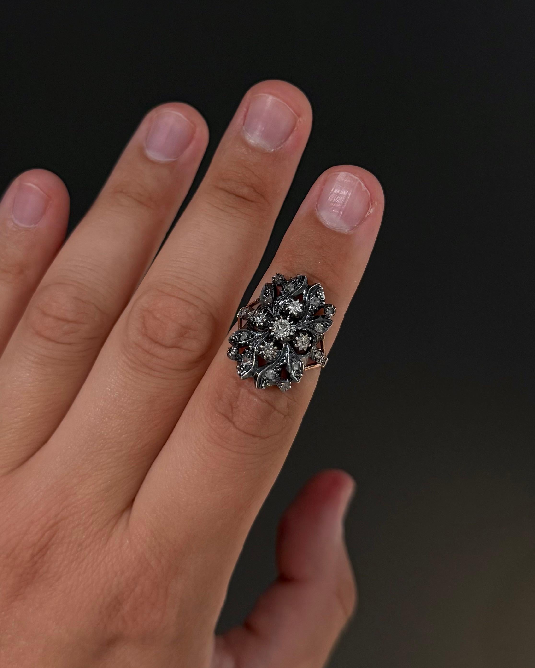 Antike 19. Jahrhundert Portugiesisch Diamond Floral Ring Silber Gold Punzierungen Makers (Alteuropäischer Schliff) im Angebot