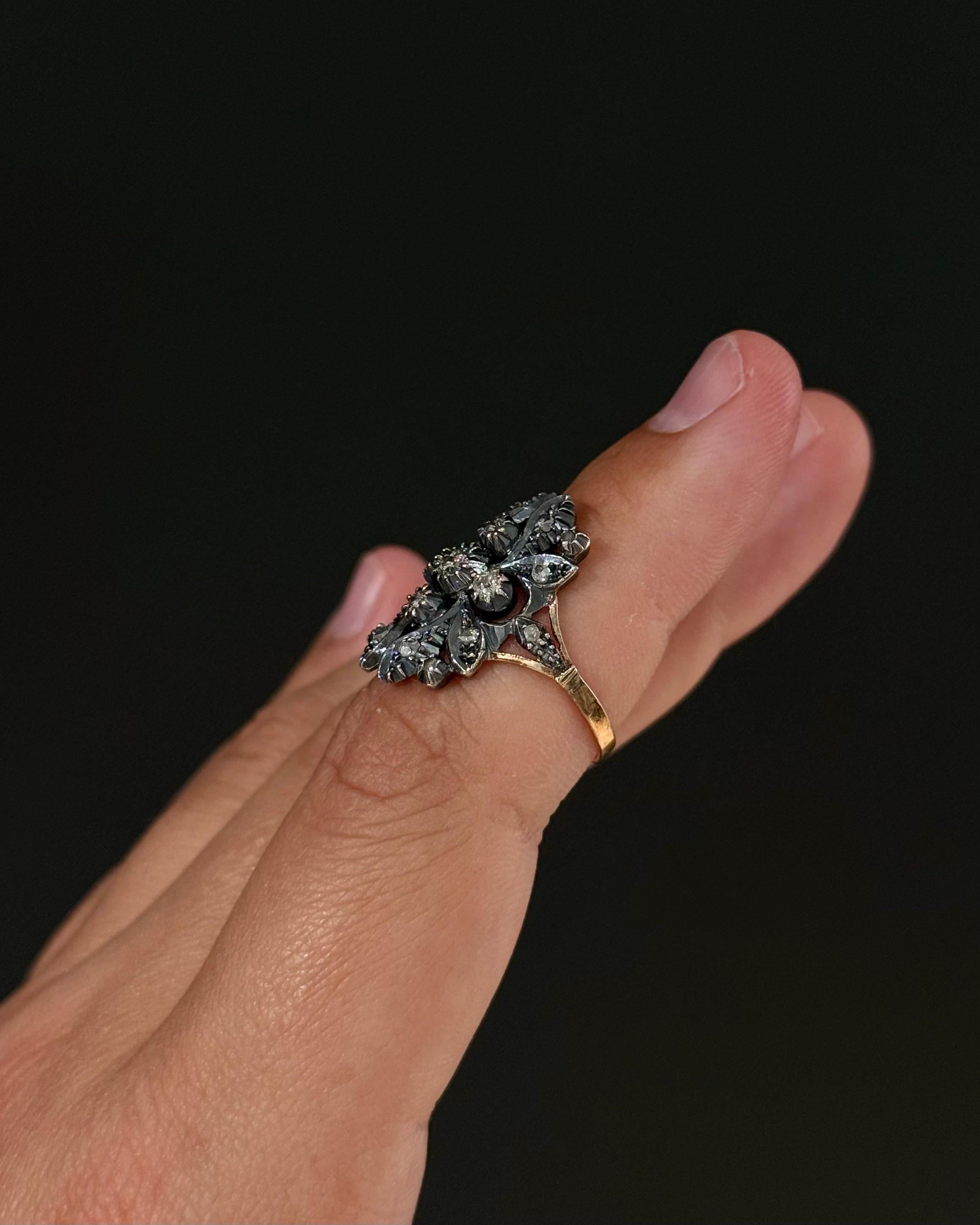 Antike 19. Jahrhundert Portugiesisch Diamond Floral Ring Silber Gold Punzierungen Makers im Zustand „Gut“ im Angebot in Lisbon, PT