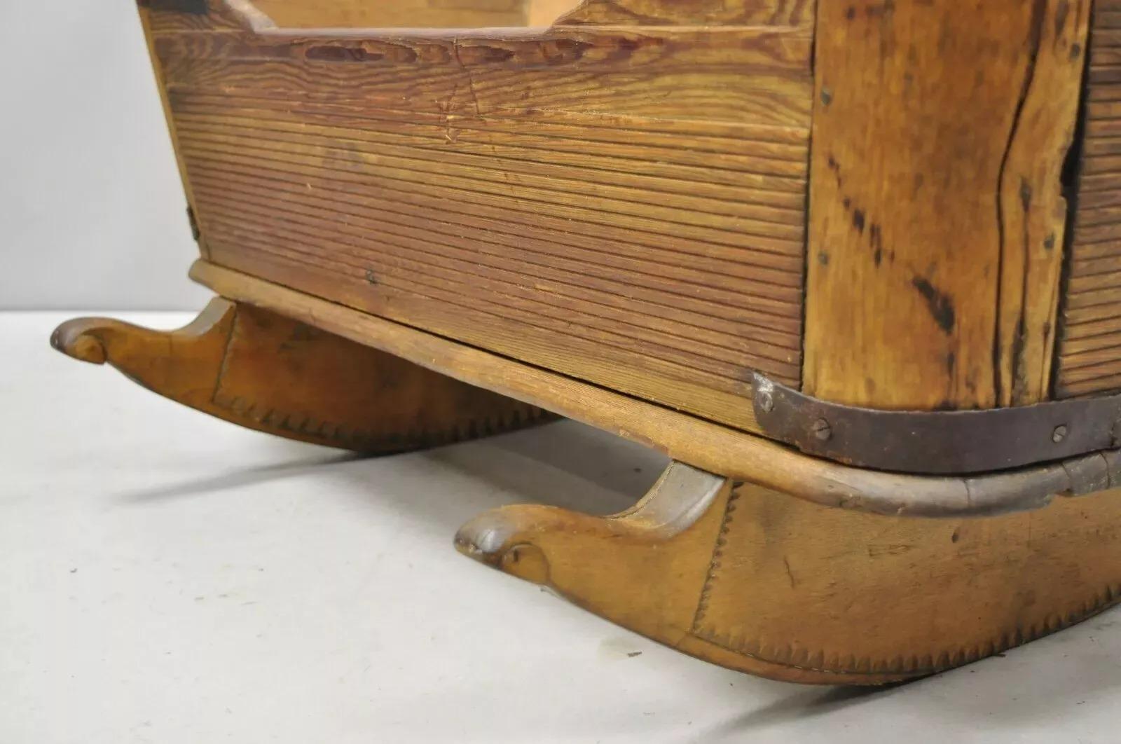 Antique 19th Century Primitive Colonial Carved Wood Baby Rocking Doll Cradle For Sale 2