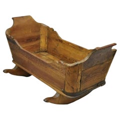 Antique 19th Century Primitive Colonial Carved Wood Baby Rocking Doll Cradle