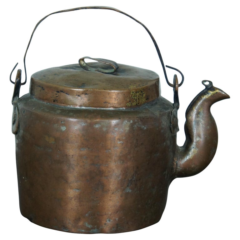 Antique 19th Century Primitive Hammered Copper Tea Pot Coffee Kettle For Sale
