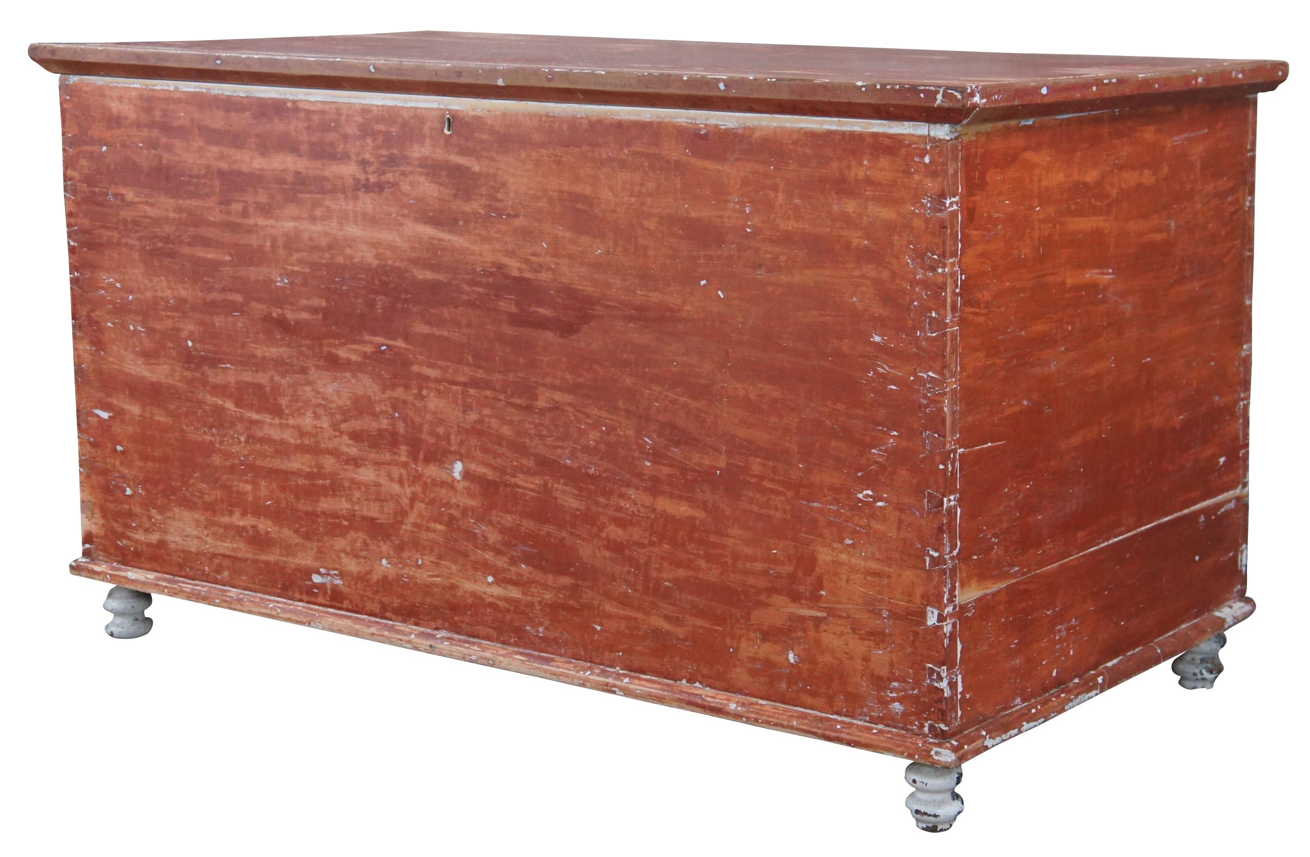 Late 19th century primitive pine farmhouse blanket / hope chest or storage trunk. Made of pine featuring rectangular form painted exterior, hand dovetailing and one interior compartment. Size: 43