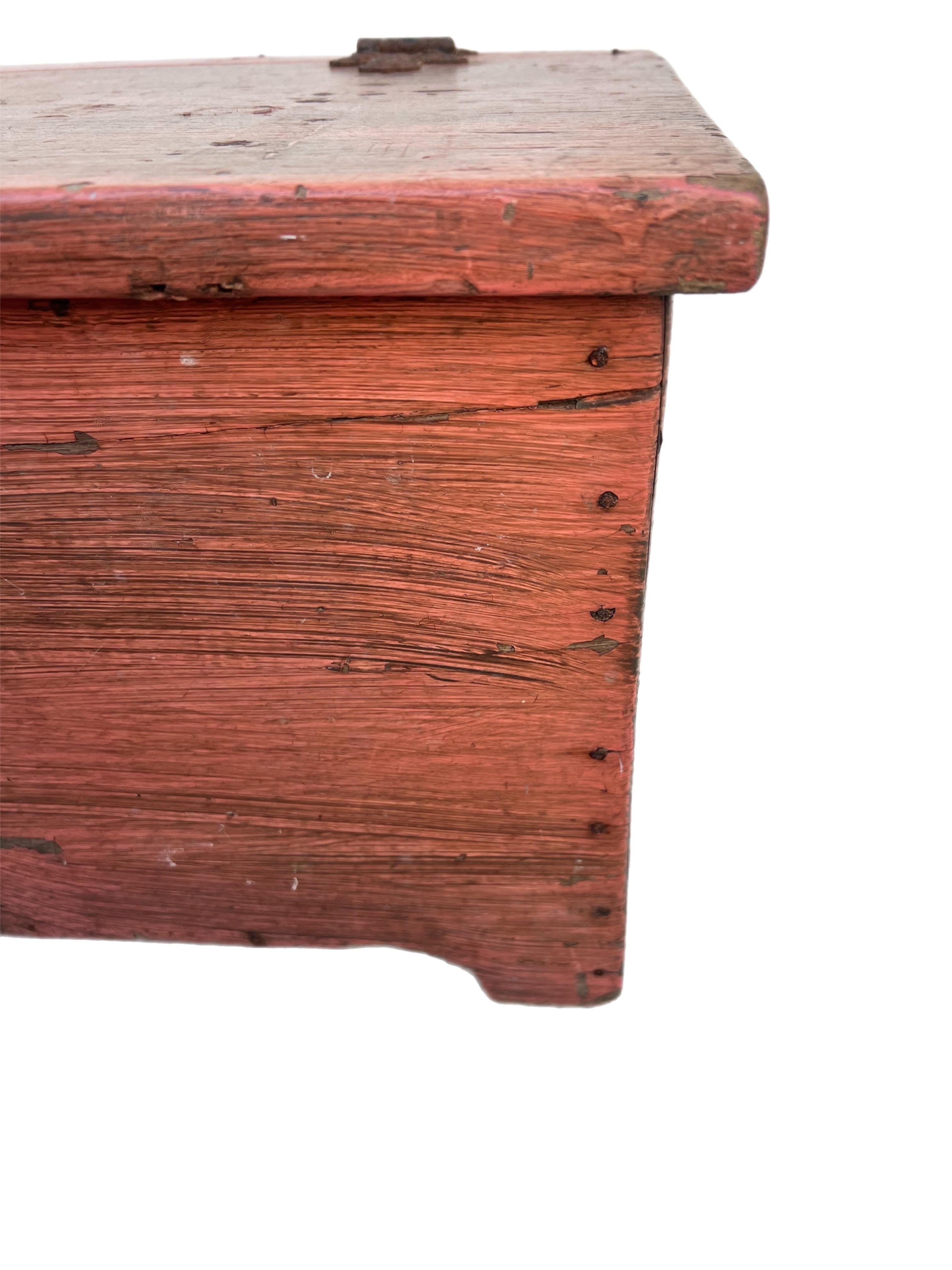 Iron Antique 19th Century Primitive Painted Pine Petite Chest Storage Trunk For Sale
