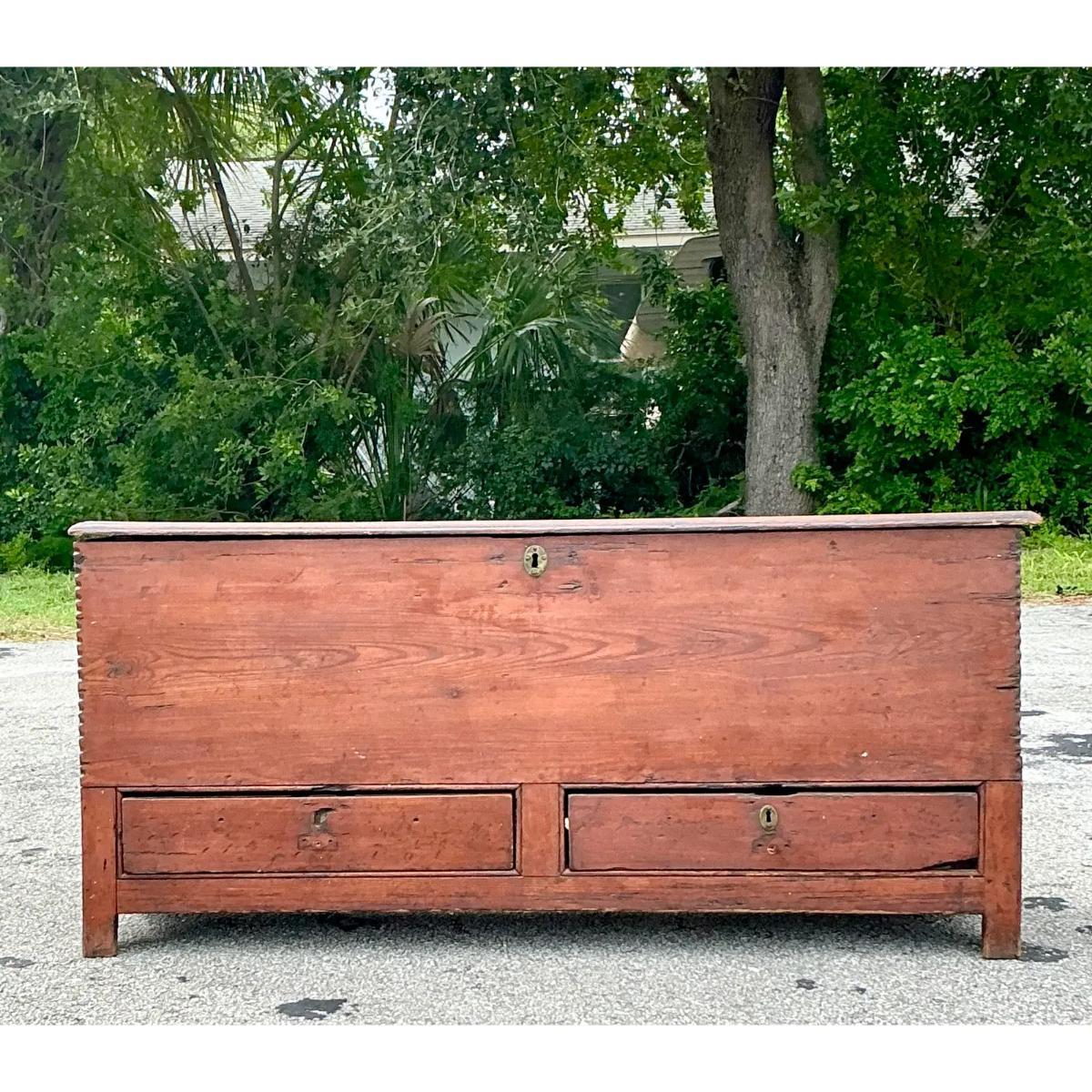 Cette malle en bois primitive vintage du XIXe siècle dégage un charme rustique grâce à sa construction robuste et usée par le temps. Parfait pour le stockage ou l'exposition, il ajoute une touche de caractère antique et d'histoire à n'importe quelle