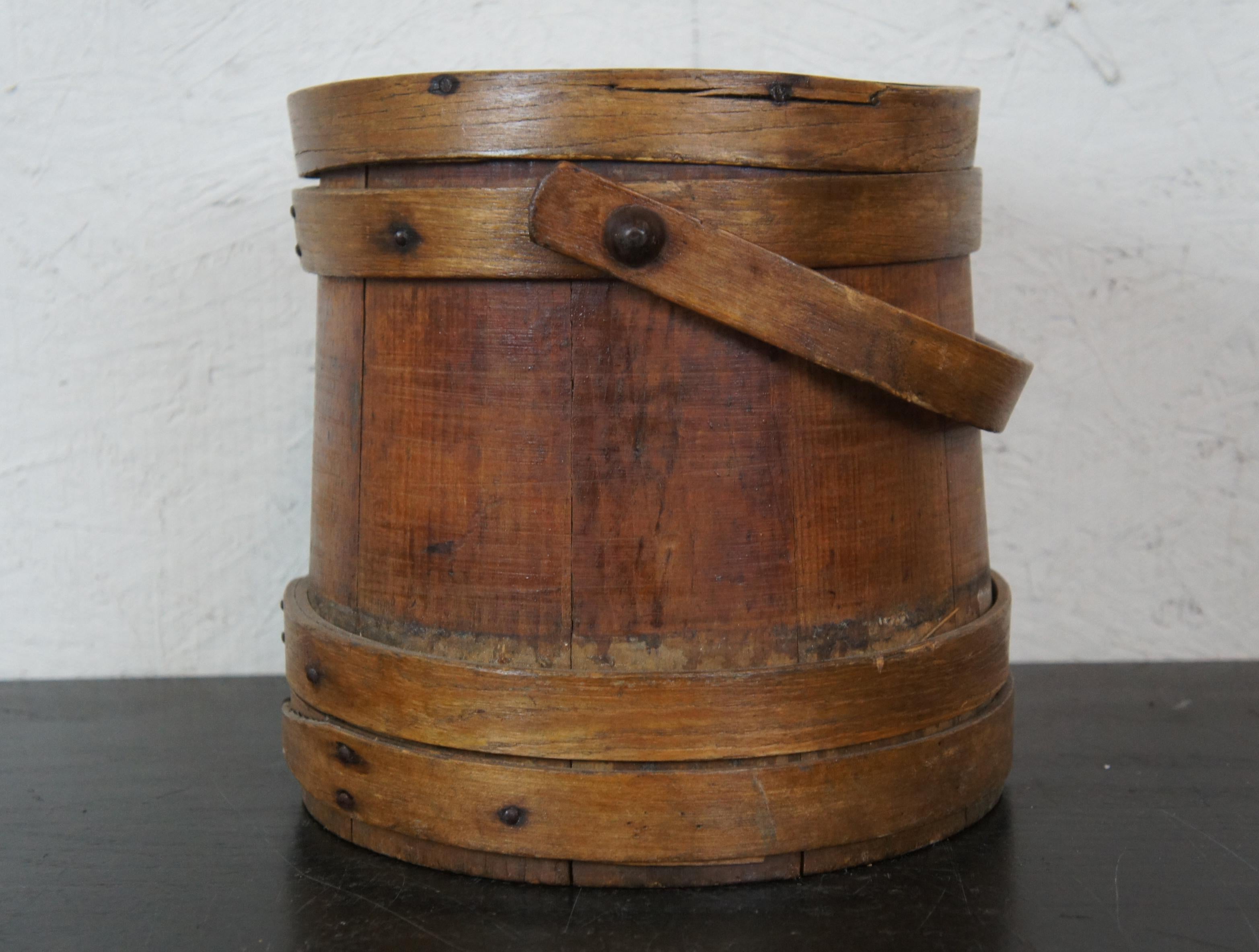 Antique 19th Century Primitive Wooden Firkin Sugar Bucket Bail Basket 3