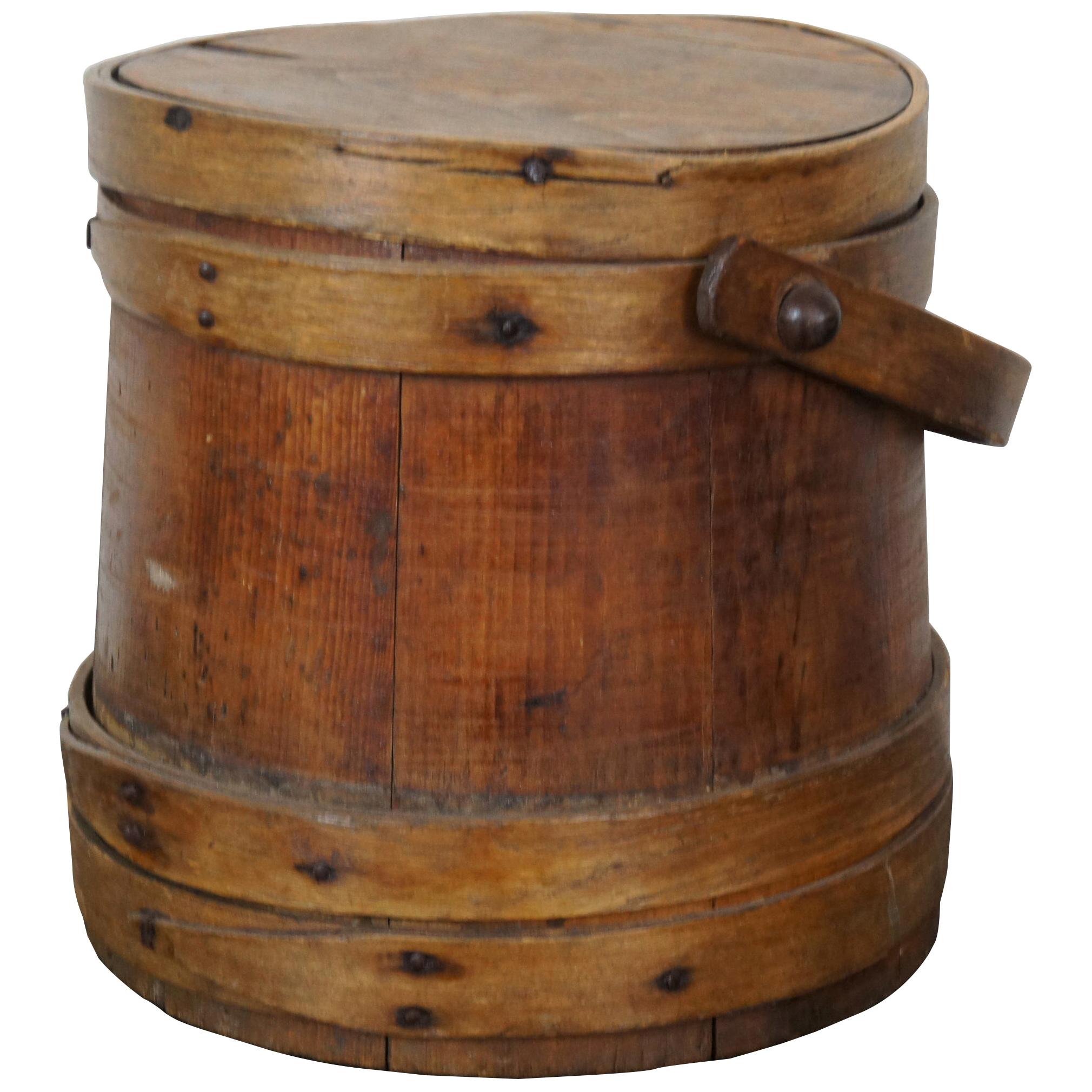 Antique 19th Century Primitive Wooden Firkin Sugar Bucket Bail Basket