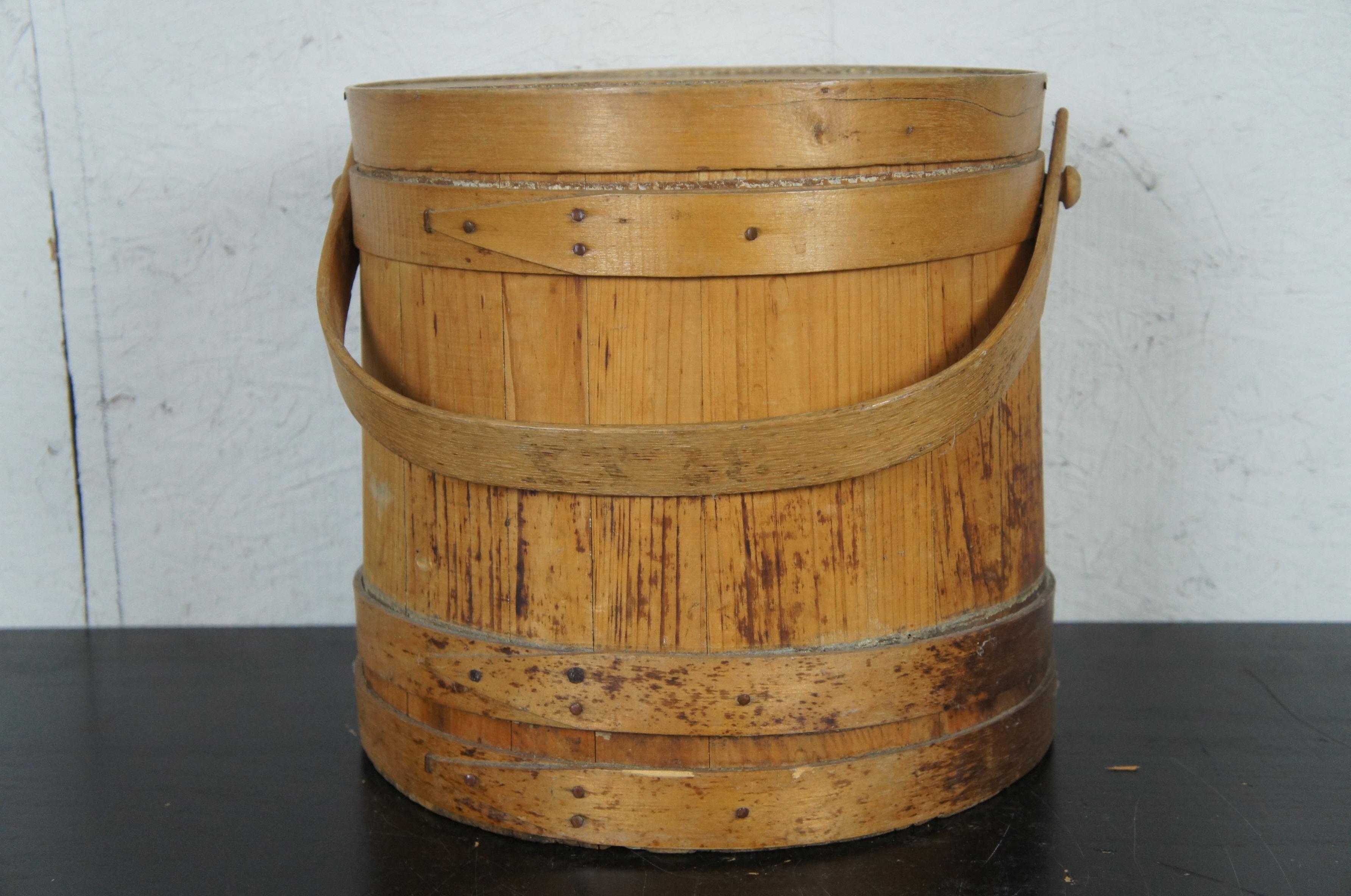 Antique 19th Century Primitive Wooden Firkin Sugar Bucket Basket Bail 4