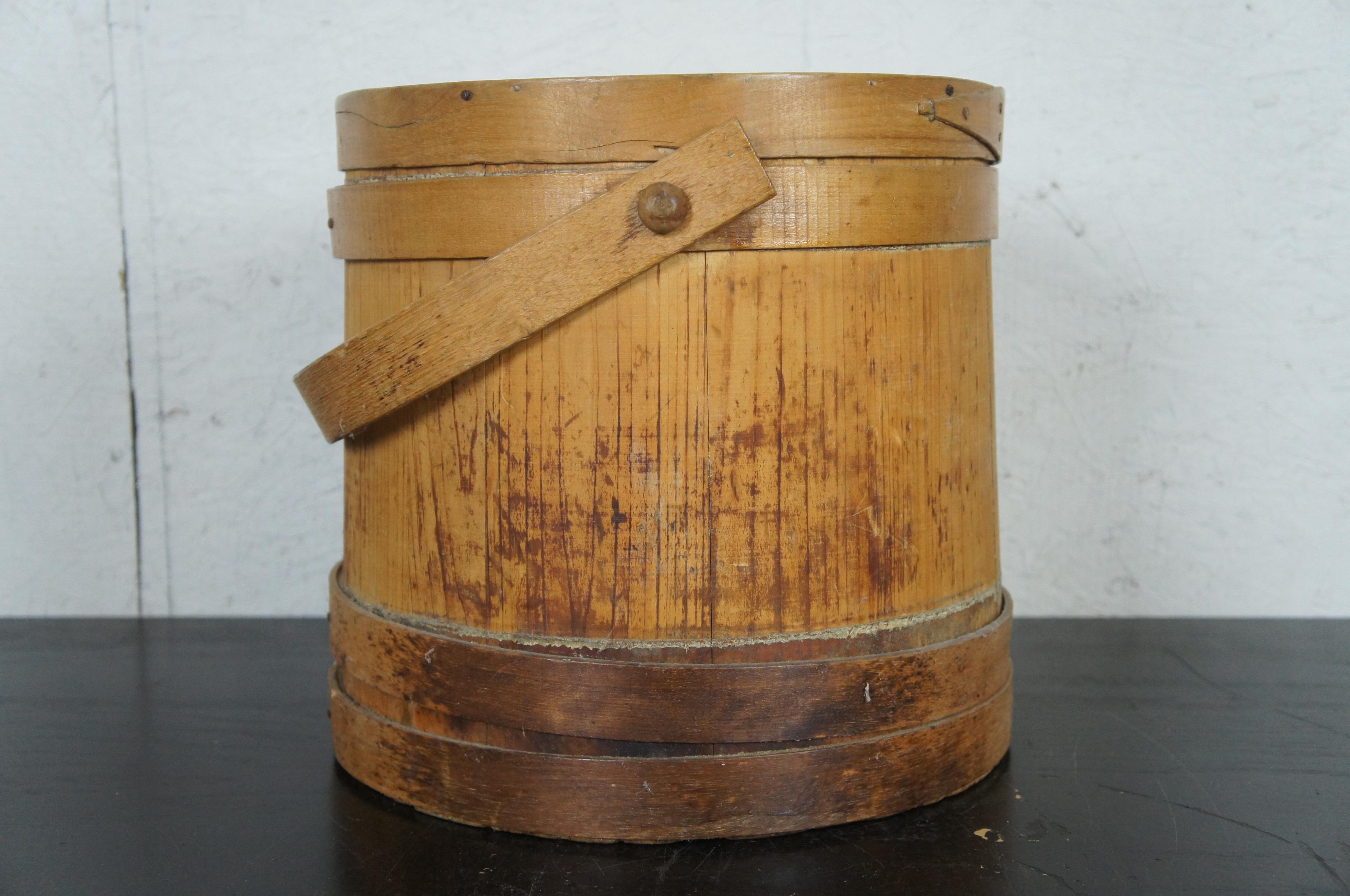 Hardwood Antique 19th Century Primitive Wooden Firkin Sugar Bucket Basket Bail