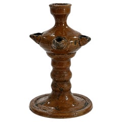 Antique 19th Century Puglian Brown Glazed Terracotta Lucerna Oil Lamp
