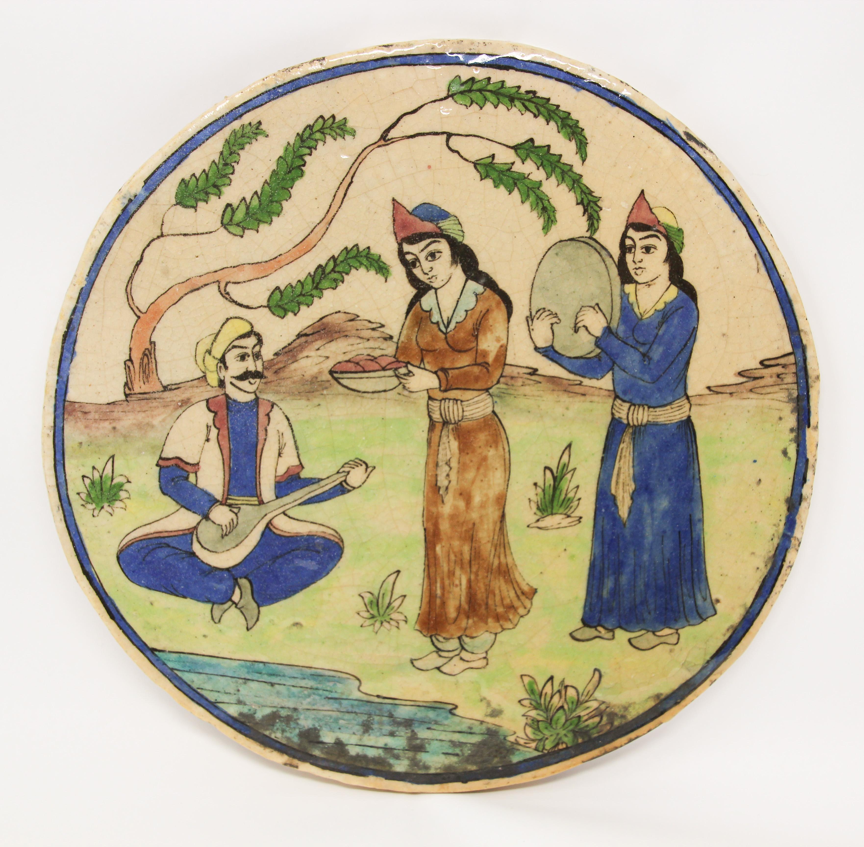 Antique carreau décoratif circulaire Qajar du 19ème siècle en vente 5