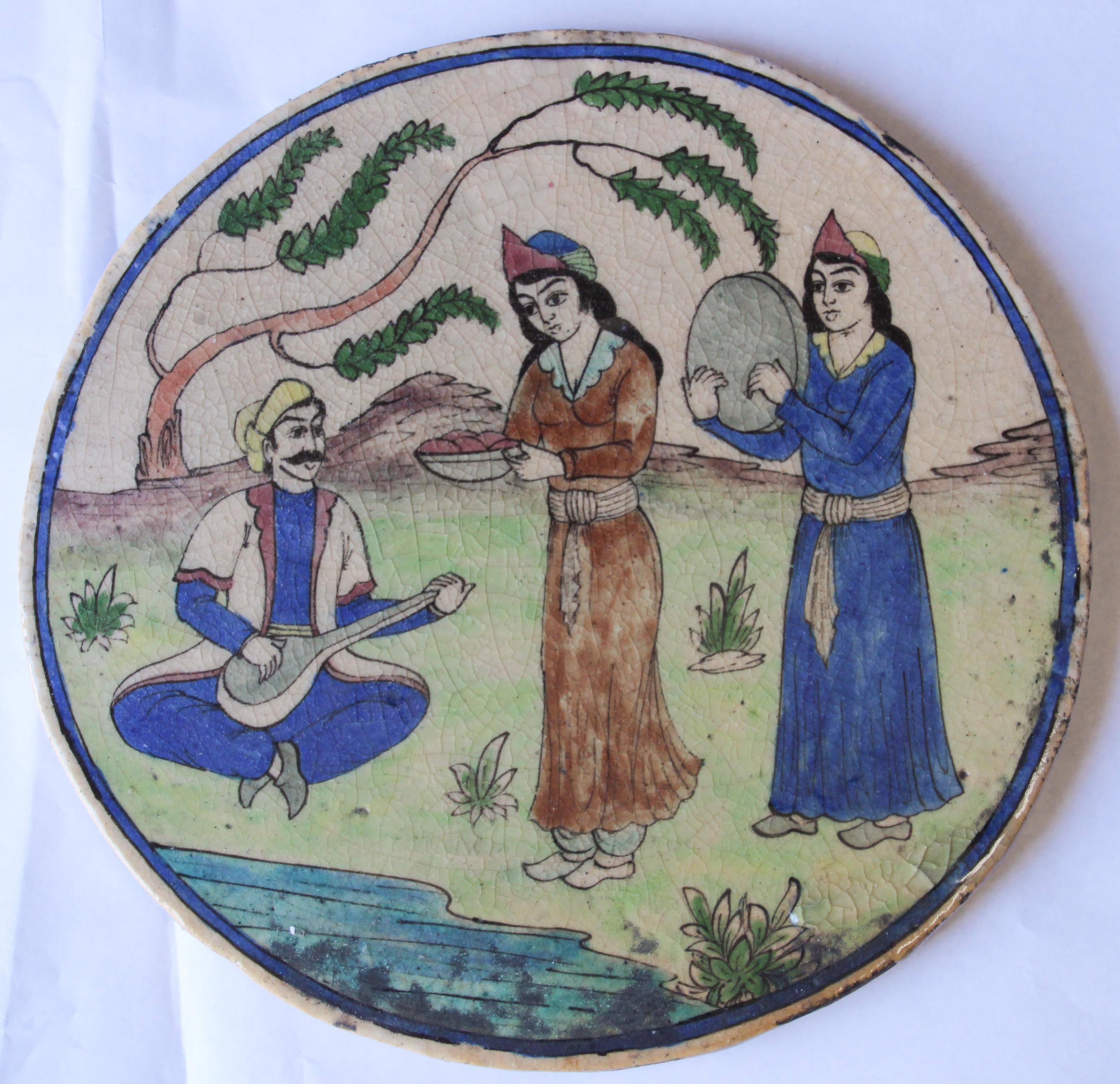 Antique carreau décoratif circulaire Qajar du 19ème siècle en vente 11
