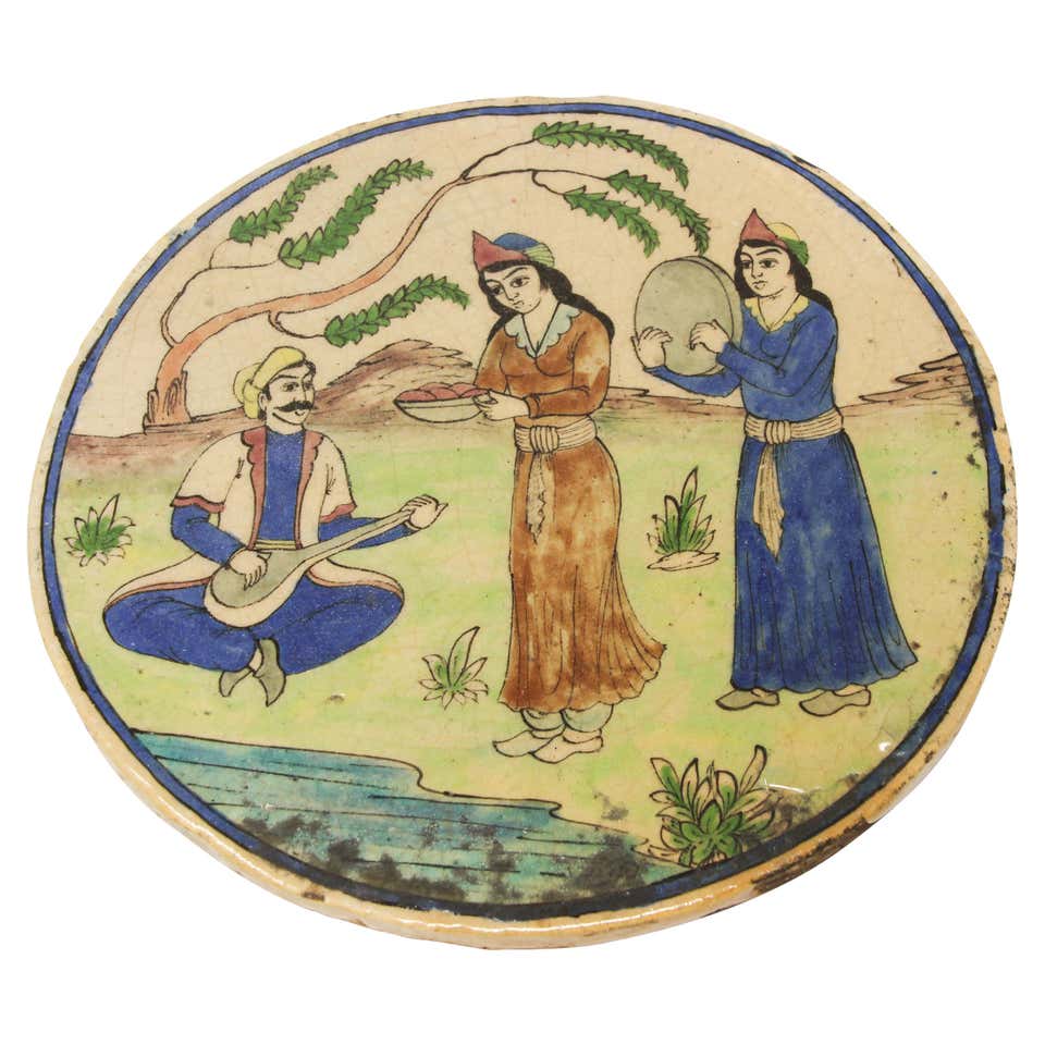Antique Persian Iznik Qajar Style Ceramic Pottery Oval Tile Dancing antique-persian-iznik-qajar-style-ceramic-pottery-oval-tile-dancing