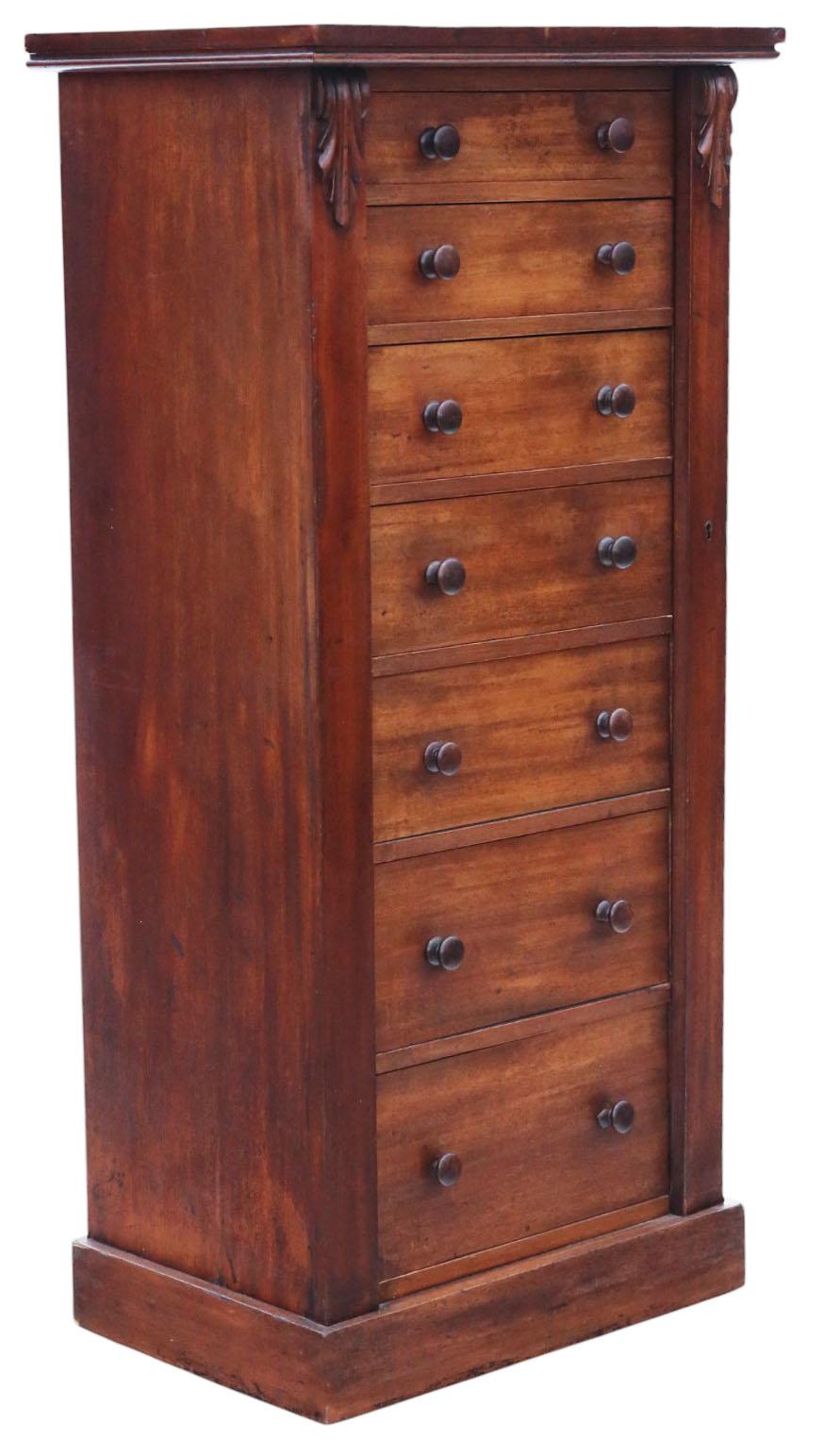 XIXe siècle Ancienne commode Wellington à 7 tiroirs en acajou de qualité du 19ème siècle en vente