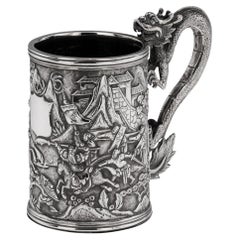 Antiguo Siglo XX Rara Taza de Dragón de Plata Maciza de Exportación China, Shan Ji c.1900