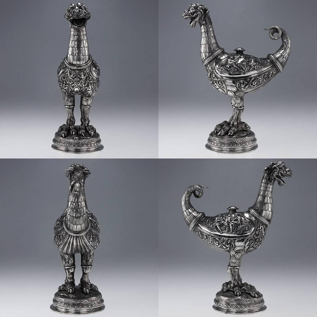 Renaissance Antique 19th Century Rare German Solid Silver Pair of Monumental Figural Ewers
