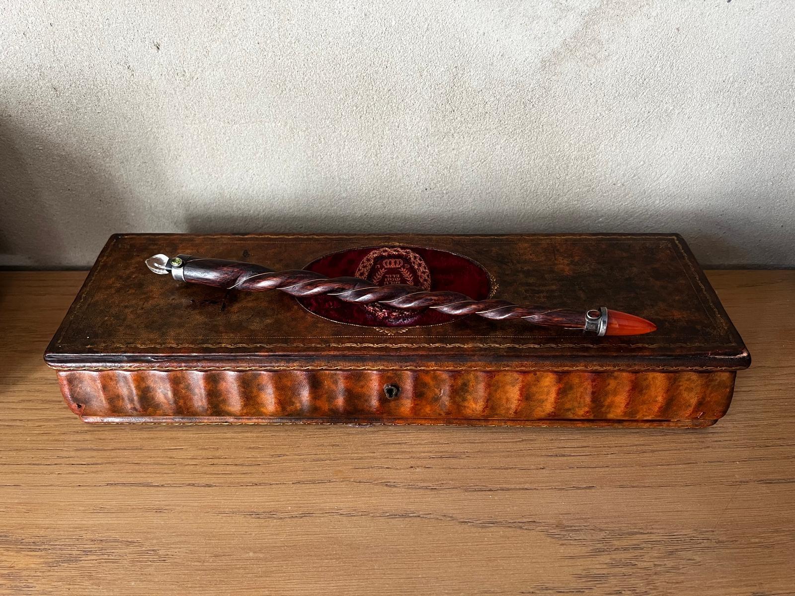 Silver Antique 19th Century Art Deco Judaica Rosewood/Multi-Gemstone Torah Pointer For Sale