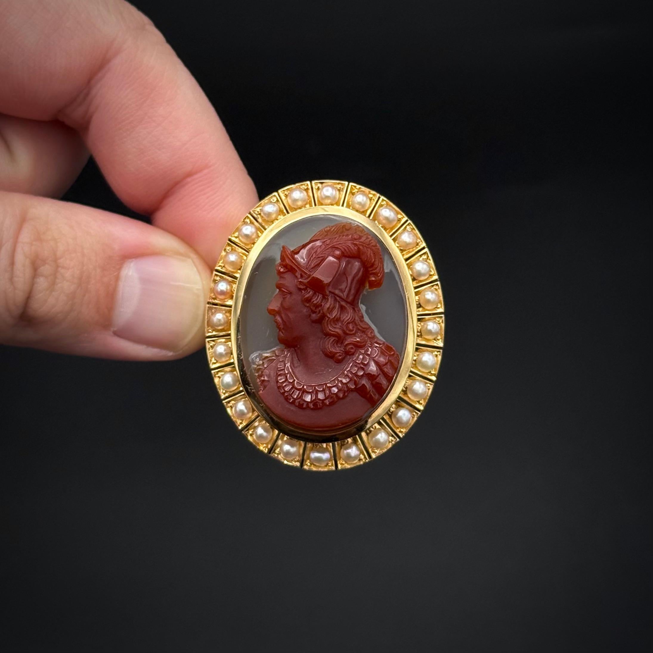 Victorian Antique 19th Century Red Brown Sardonyx Natural Pearls Cameo Brooch Yellow Gold For Sale