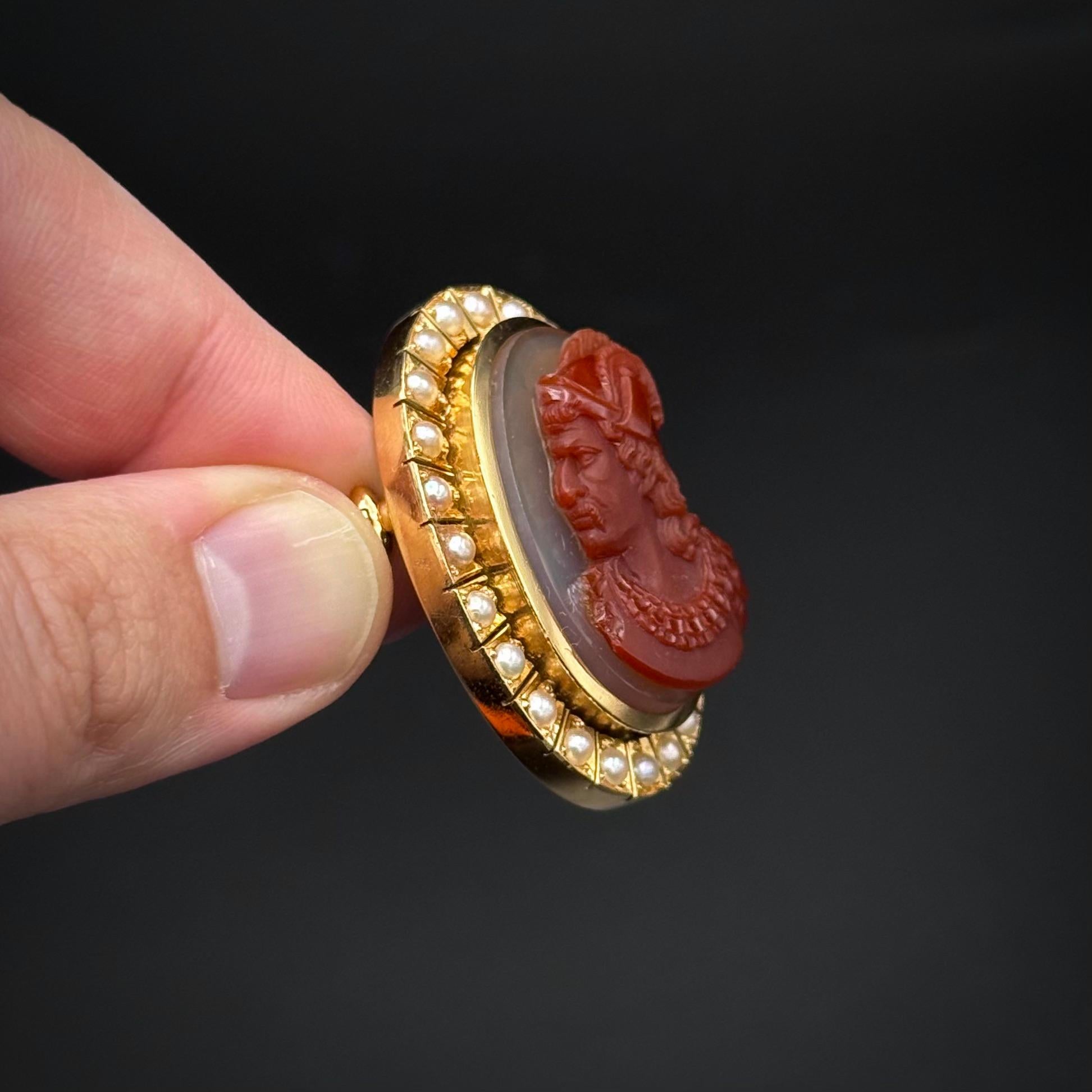 Bead Antique 19th Century Red Brown Sardonyx Natural Pearls Cameo Brooch Yellow Gold For Sale