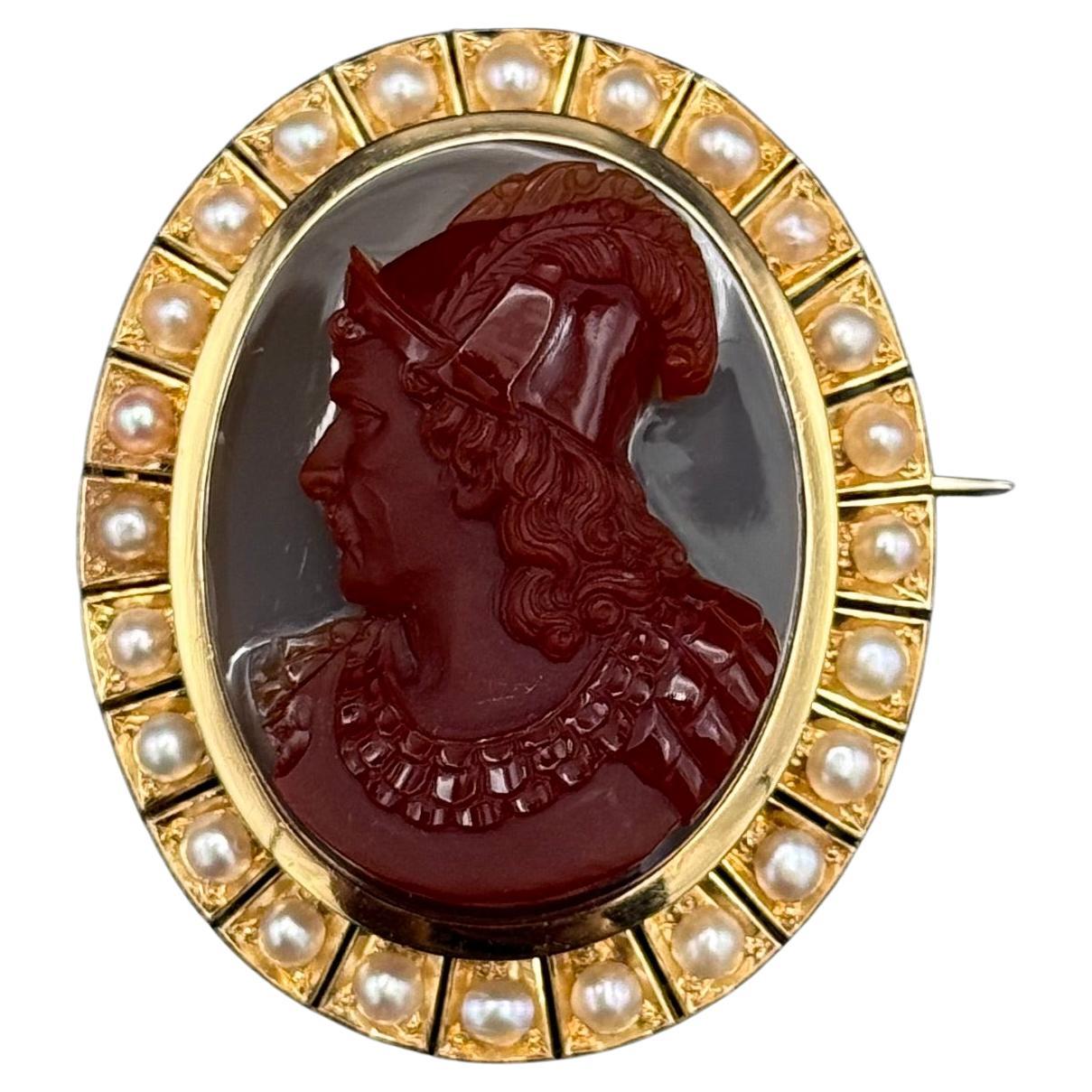 Antique 19th Century Red Brown Sardonyx Natural Pearls Cameo Brooch Yellow Gold For Sale