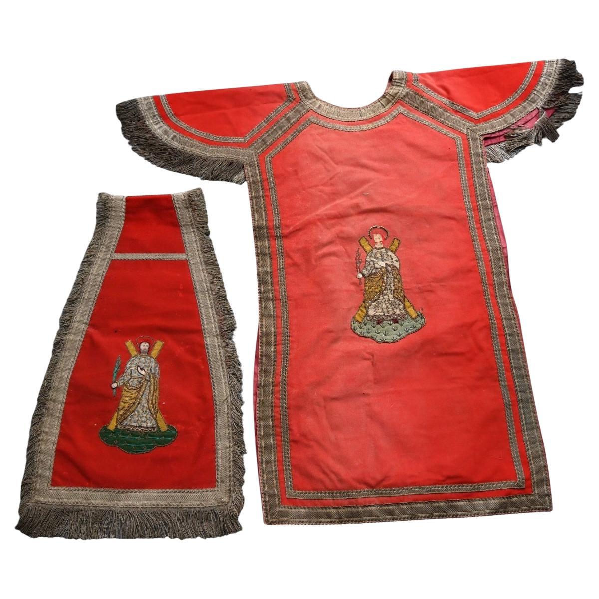 Antique 19th century Red Chasuble And Ornamental Part