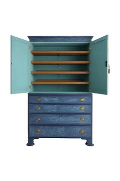 Antique 19th Century Regency Painted Linen Press Blue