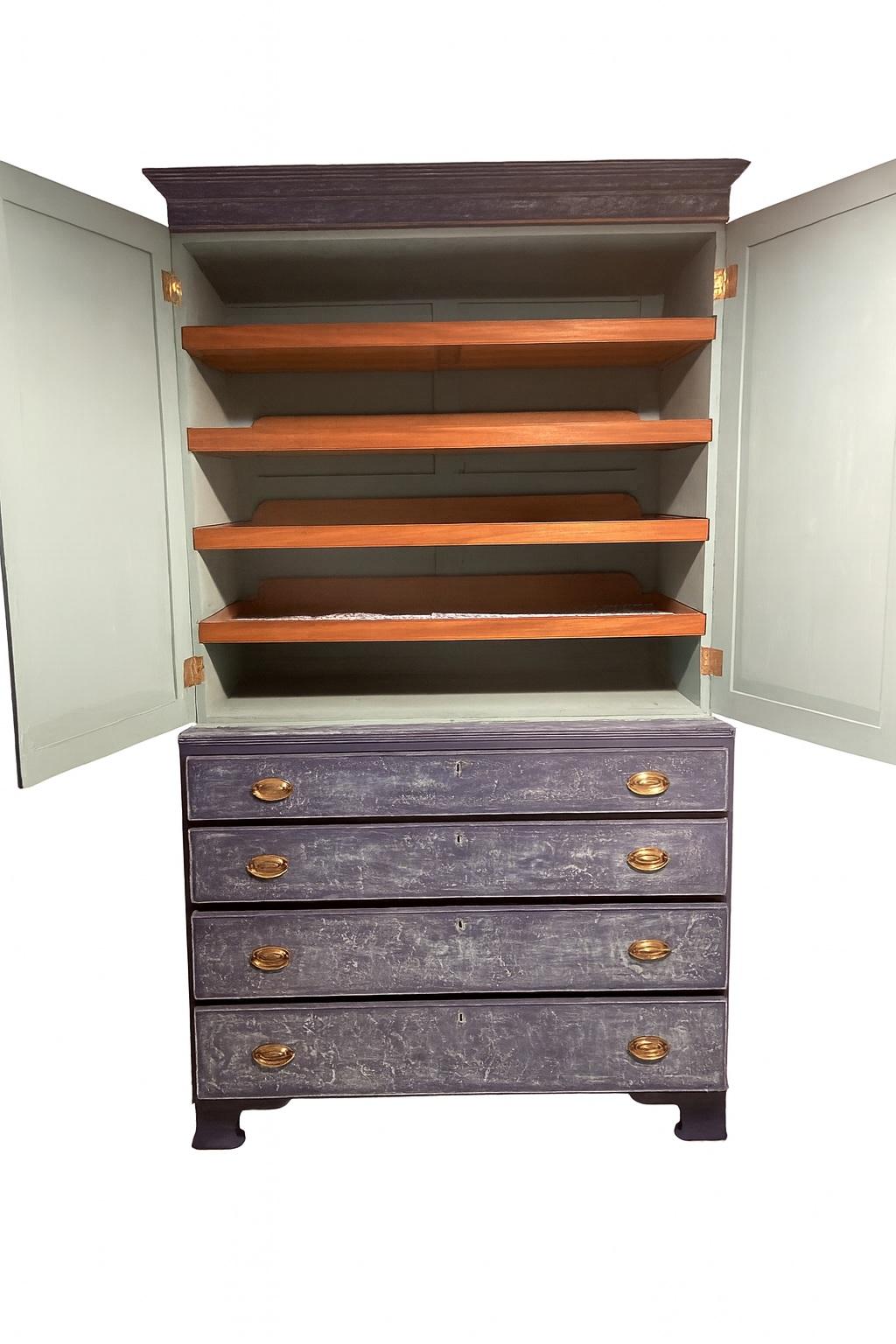 Mogano Antico torchio di lino dipinto del XIX secolo Regency Blu in vendita