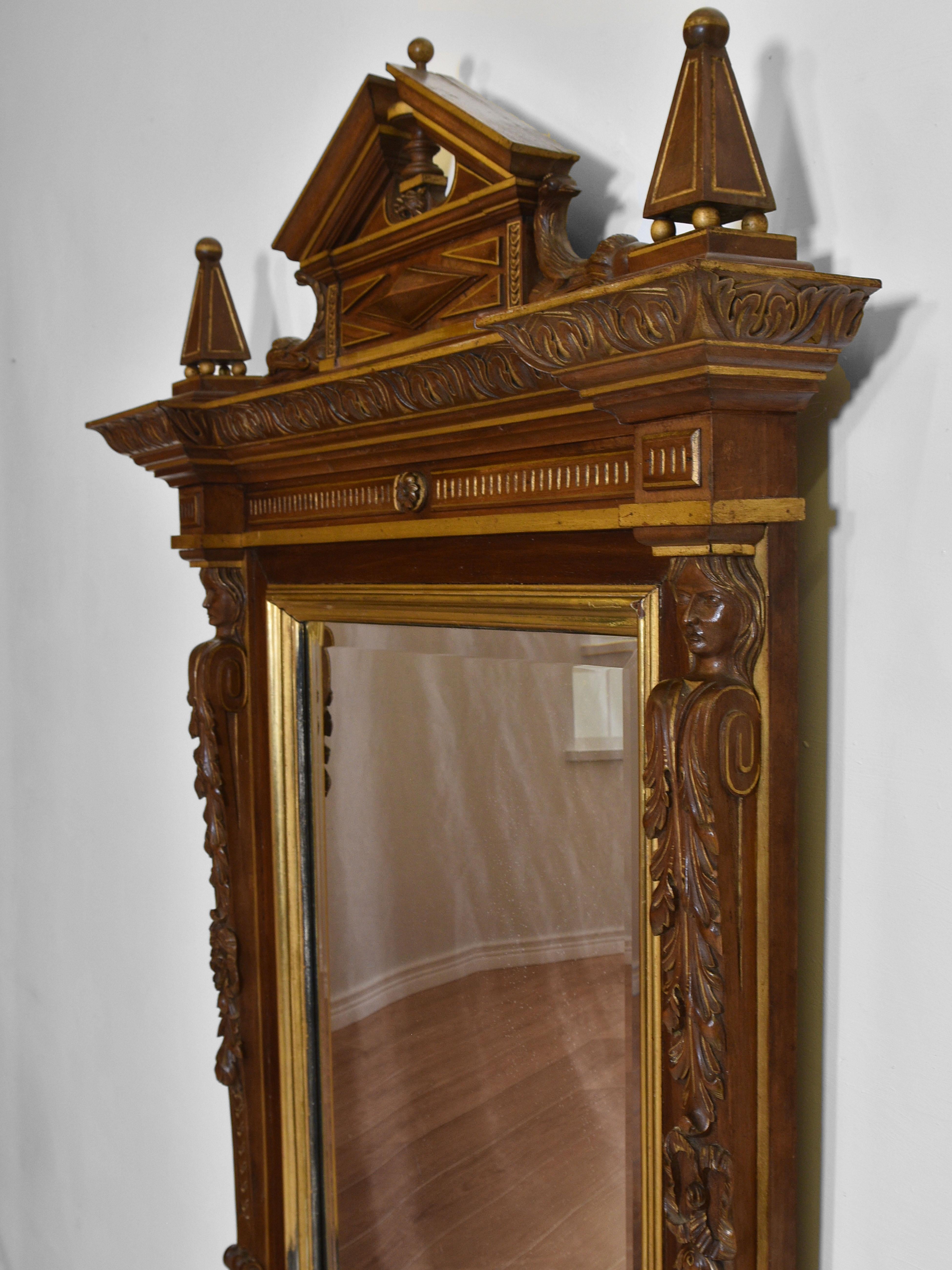 Hand-Carved Antique 19th Century Renaissance Revival Walnut & Gilt Wall Mirror For Sale