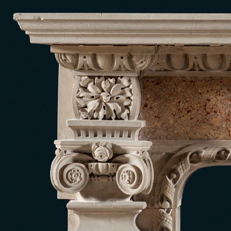 British Antique 19th Century Renaissance Style Portland Stone & Marble Fireplace Mantle