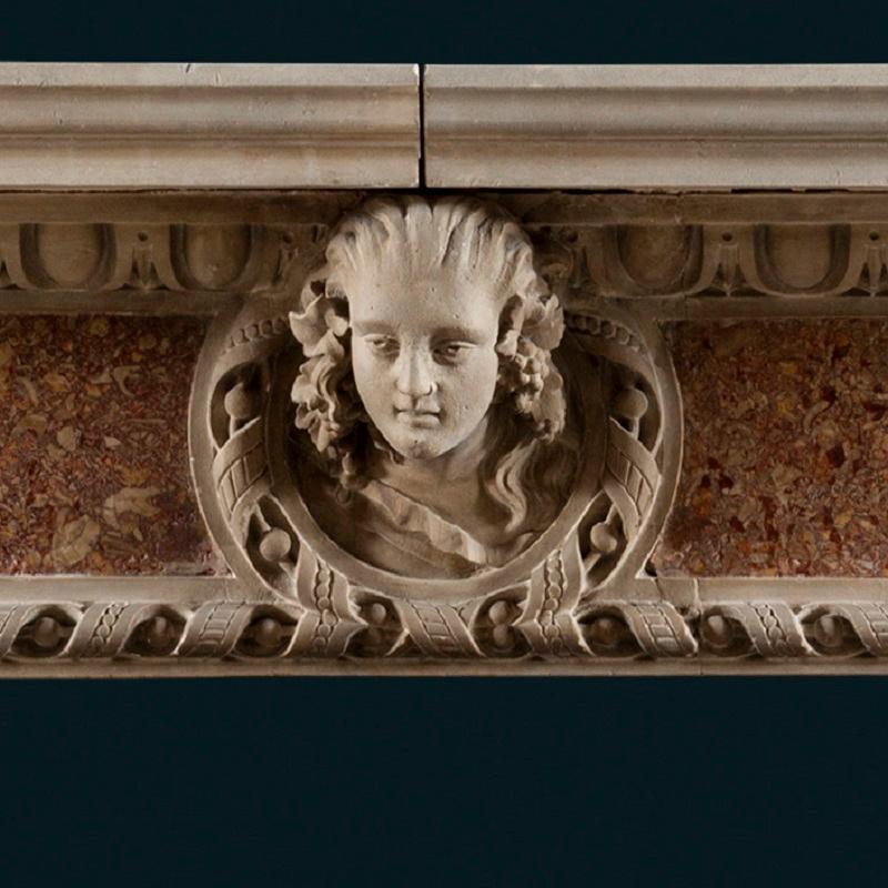 Carved Antique 19th Century Renaissance Style Portland Stone & Marble Fireplace Mantle