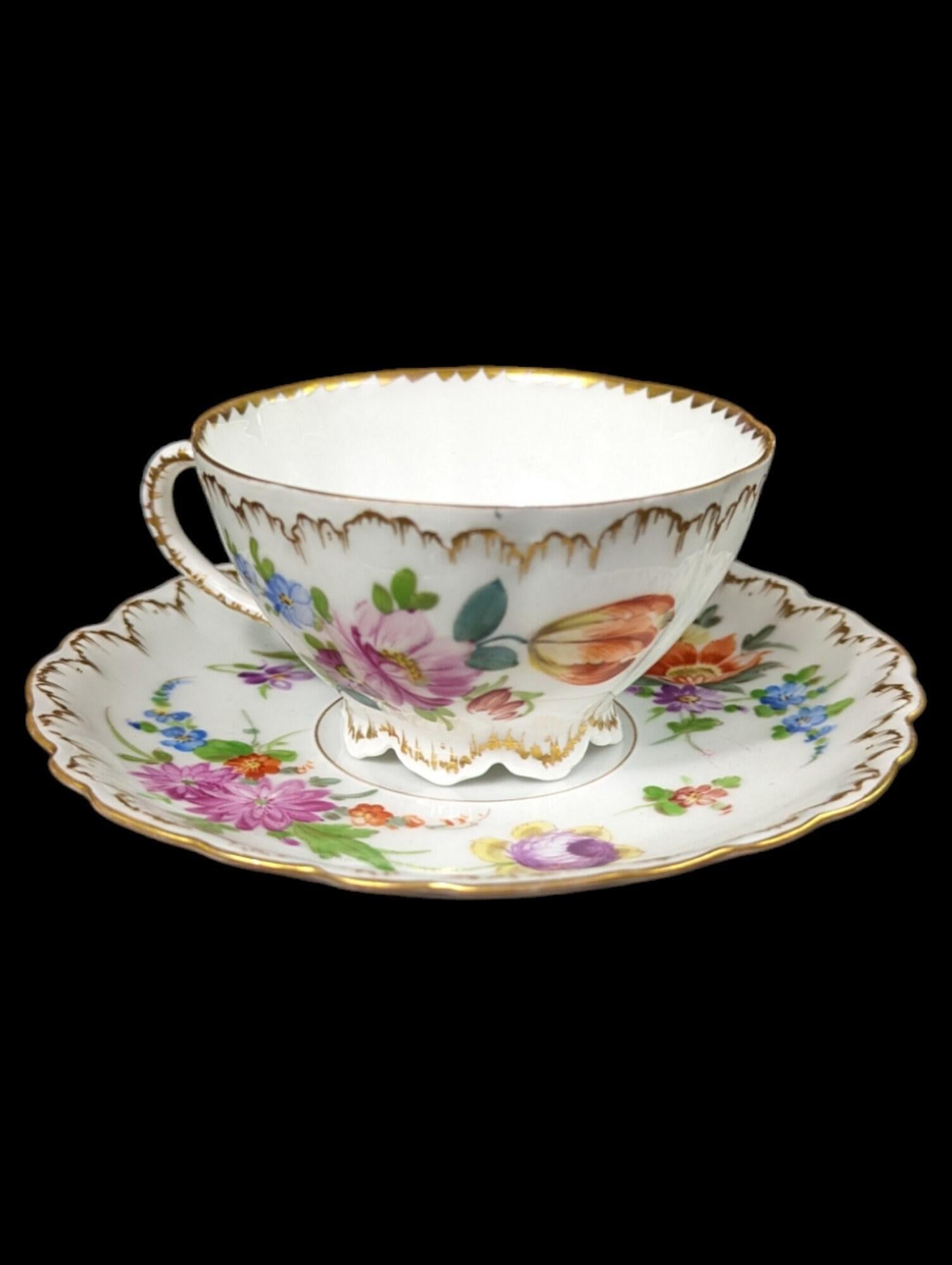 Diese exquisite antike Richard Klemm Dresden Porcelain Floral Teacup & Saucer aus dem 19. Jahrhundert ist ein beeindruckendes Beispiel für feine europäische Handwerkskunst aus der viktorianischen Ära. Dieses Set wird von der renommierten Richard