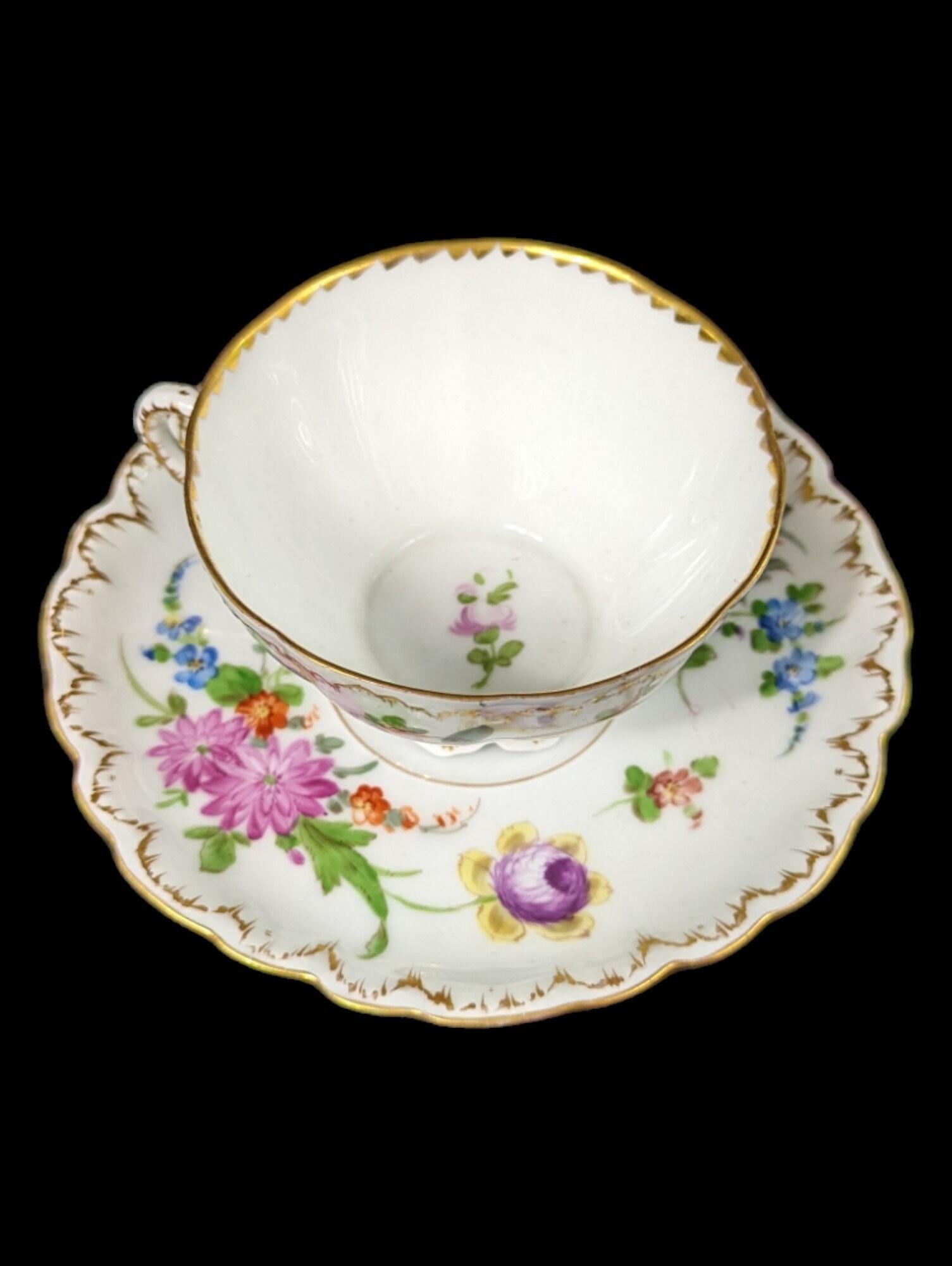 Antike 19. Jahrhundert Richard Klemm Dresden Porcelain Floral Teacup & Untertasse (Neurokoko)