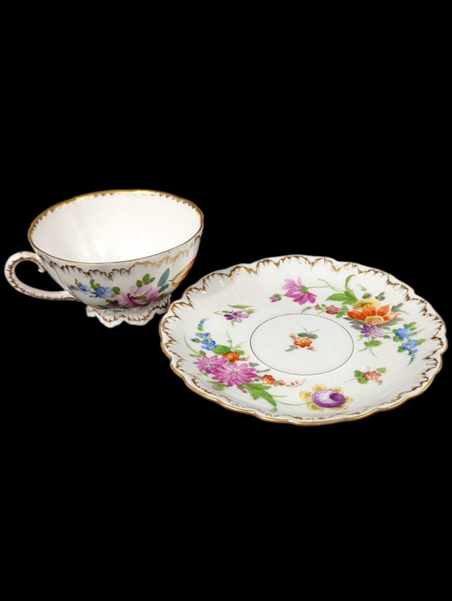 Antike 19. Jahrhundert Richard Klemm Dresden Porcelain Floral Teacup & Untertasse (Deutsch)