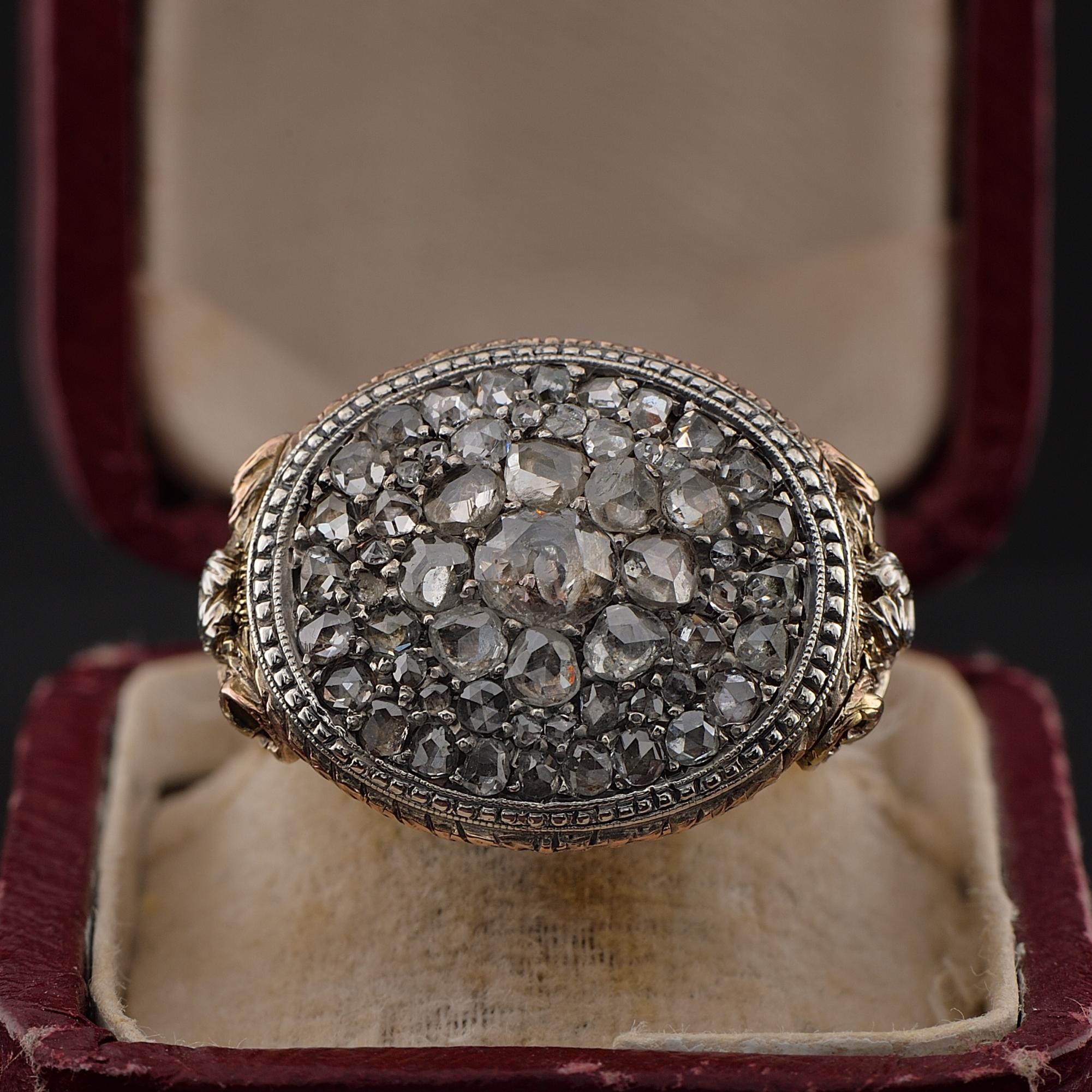 Antique 19th century ring that leaves speechless for the amazing crafting, 1850 ca,
Skilful workmanship of the era, richly detailed at every side, hidden sides are even more intricate and complexly wrought as hardly seen, beautiful carved shoulders