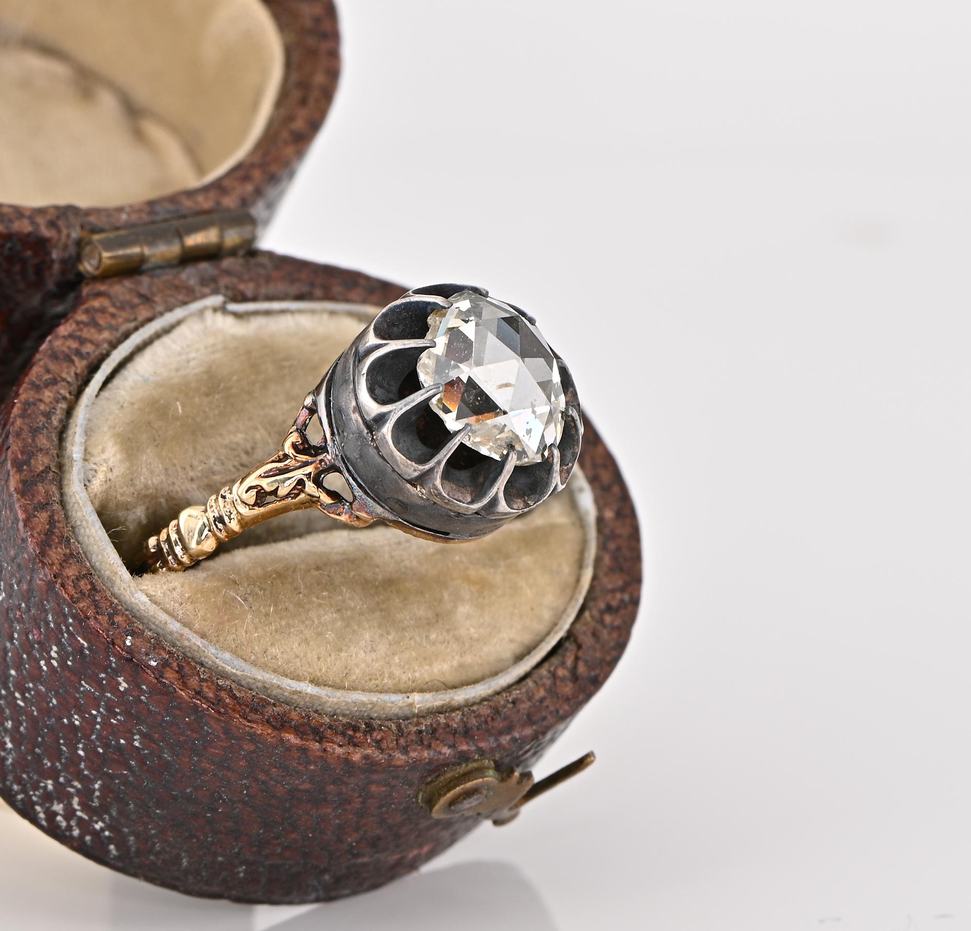 Antiker Solitär-Ring mit Diamant im Rosenschliff aus dem 19. Jahrhundert 18KT/Silber (Frühviktorianisch) im Angebot