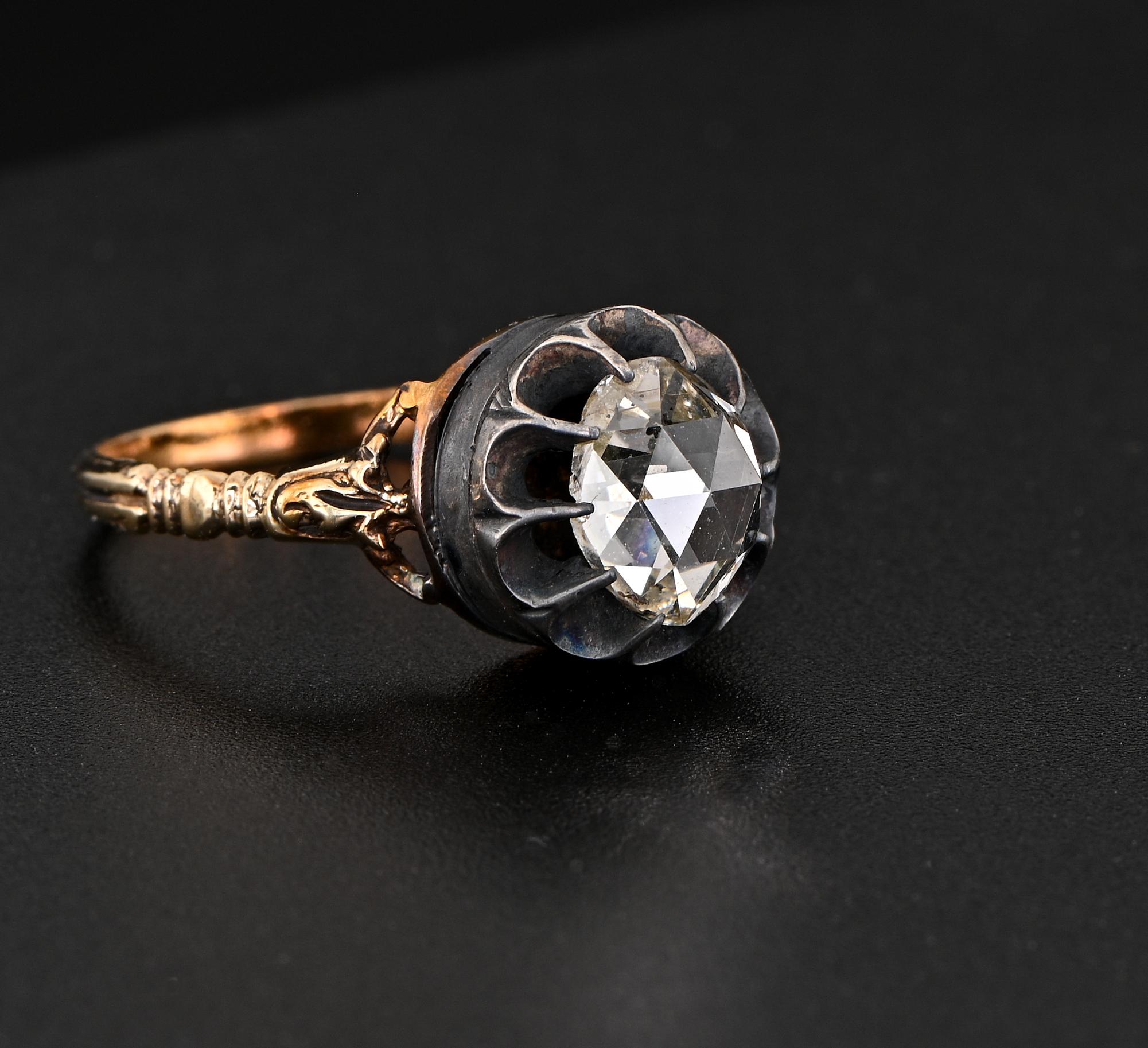 Antique 19th Century Rose Cut Diamond Solitaire Ring 18KT/Silver In Good Condition For Sale In Napoli, IT