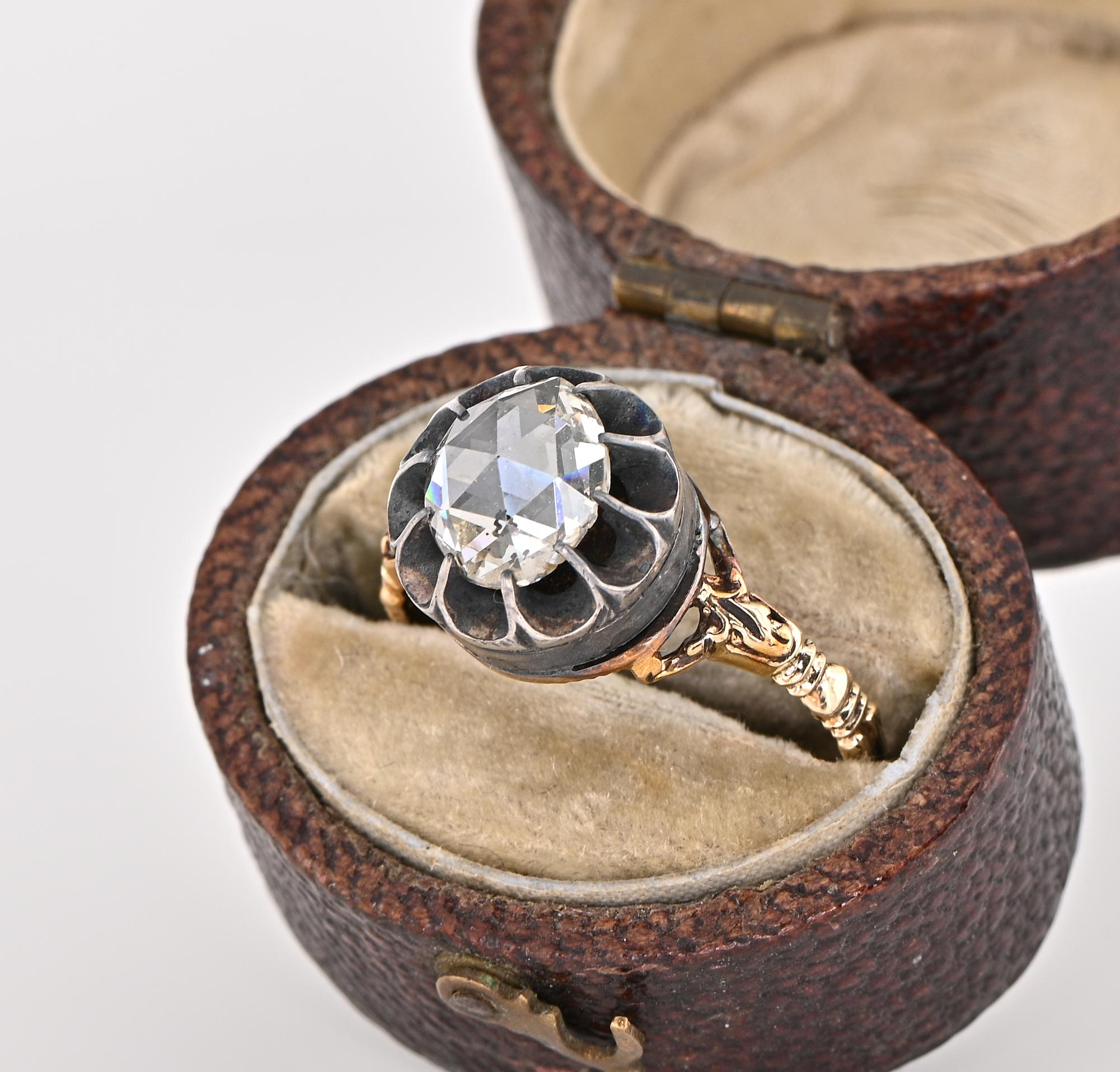 Antiker Solitär-Ring mit Diamant im Rosenschliff aus dem 19. Jahrhundert 18KT/Silber Damen im Angebot