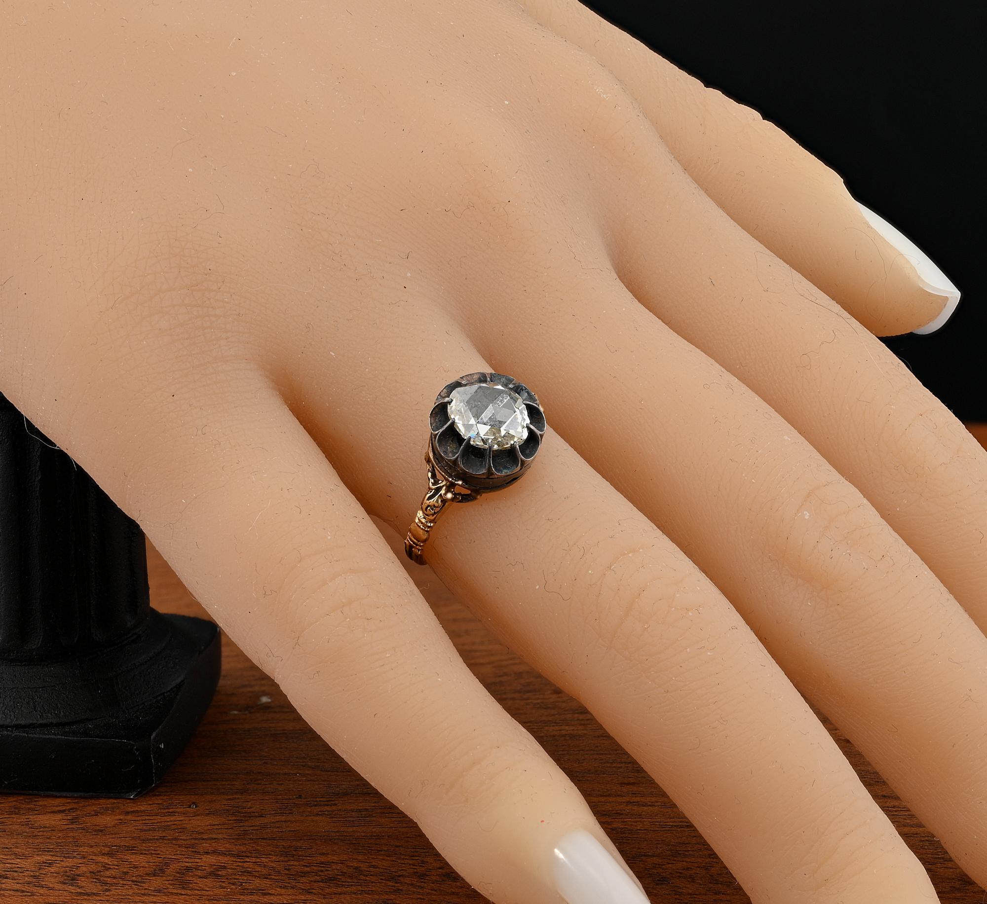 Antique 19th Century Rose Cut Diamond Solitaire Ring 18KT/Silver For Sale 4