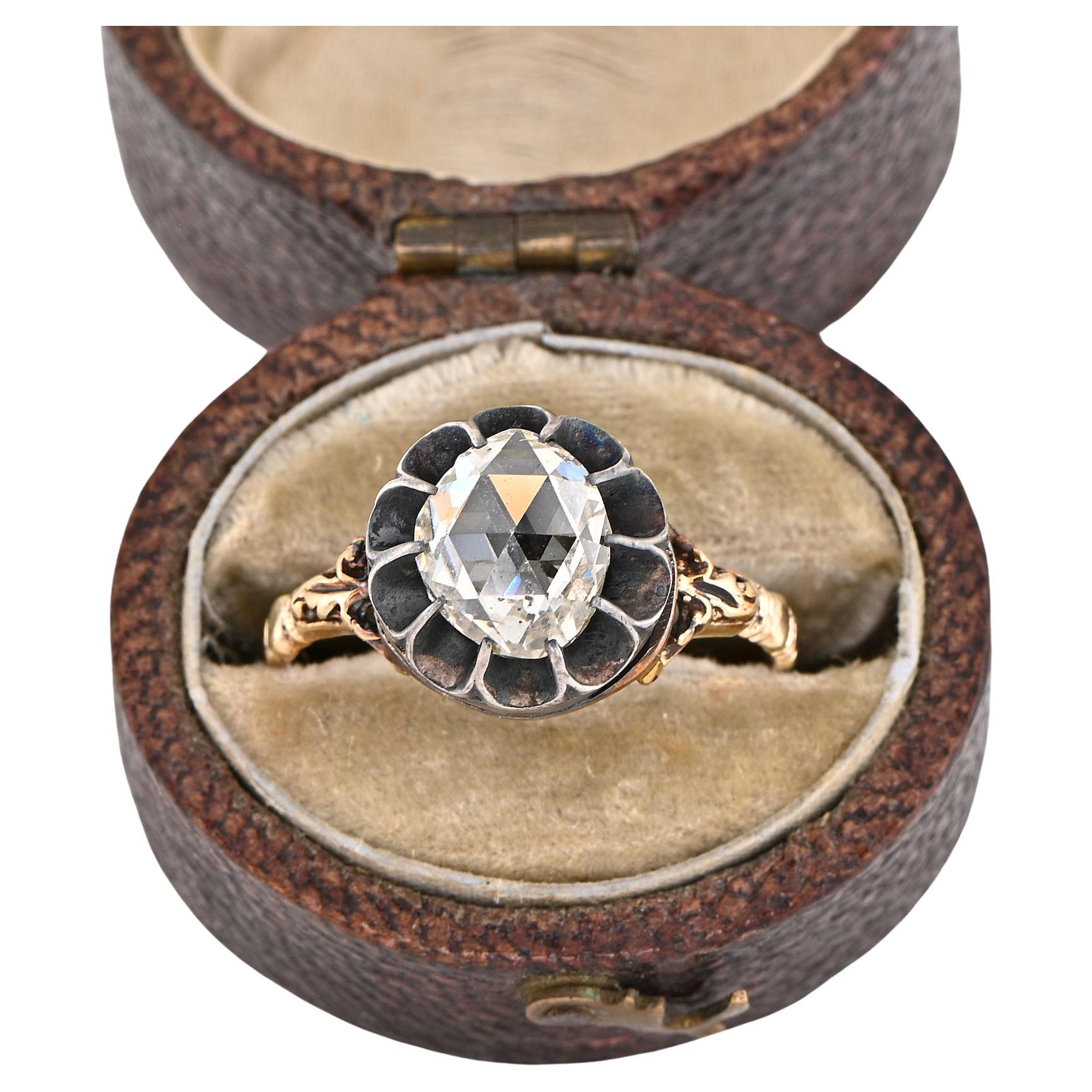 Bague solitaire ancienne du 19ème siècle en diamant taille rose 18 carats/argent