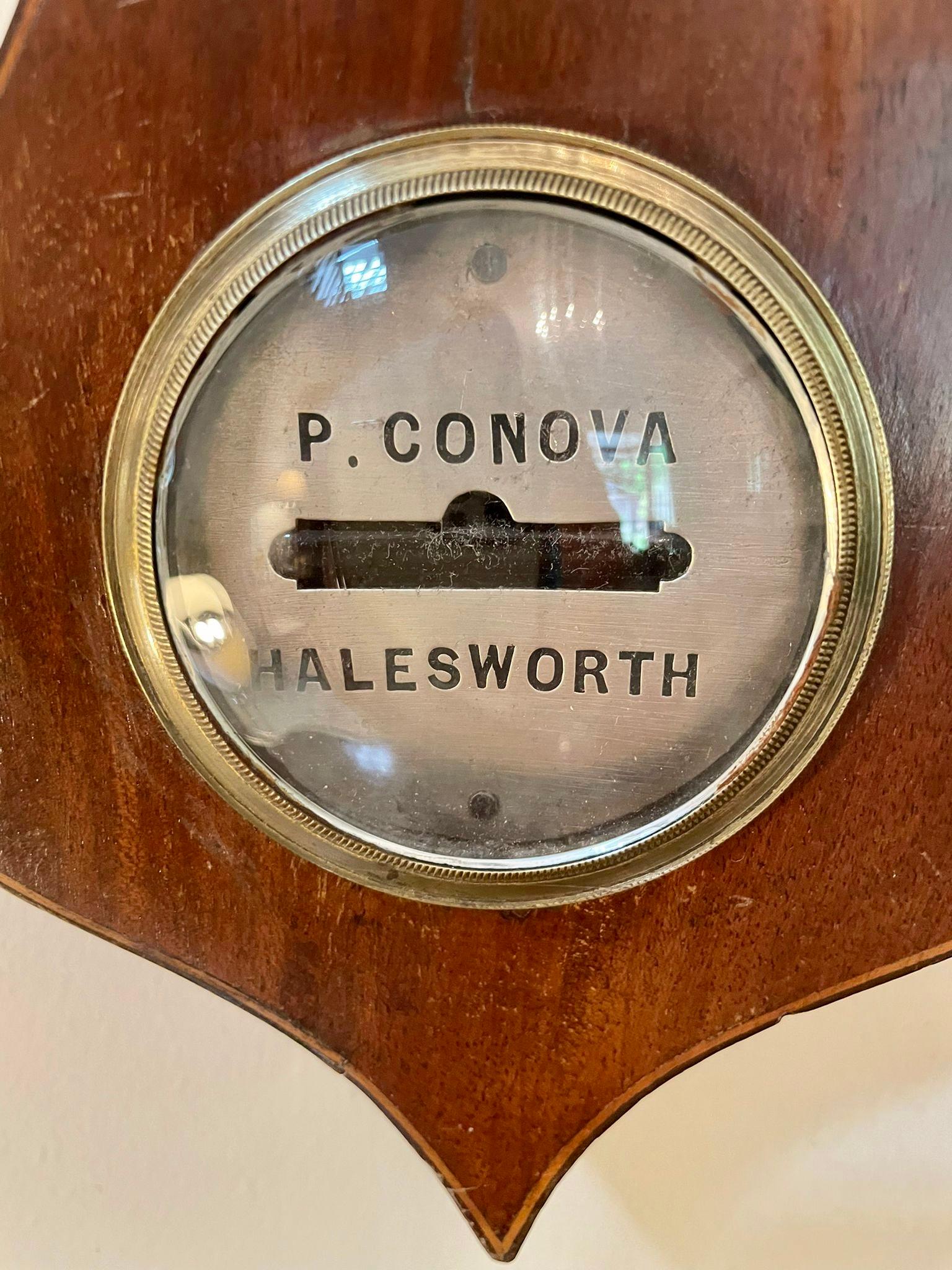 Antique 19th century rosewood banjo barometer having a quality rosewood case with an onion shaped top, nine inch silvered engraved dial with original hands, a thermometer, fitted hygrometer, glass fronted spirit level and a bone setting disc. Signed