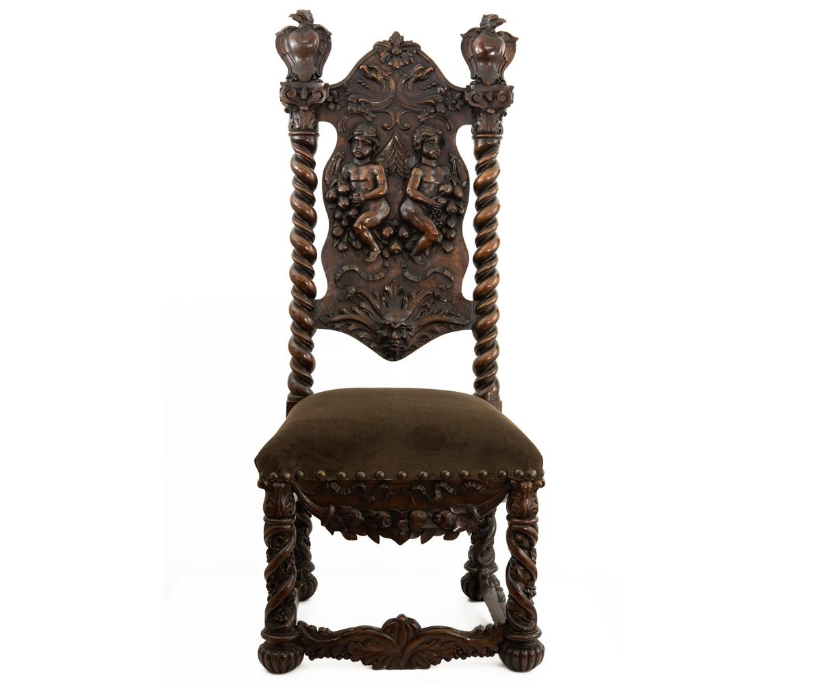 Antique 19th Century Royal Castle Pair of Hand Carved Italian Throne Chairs 1