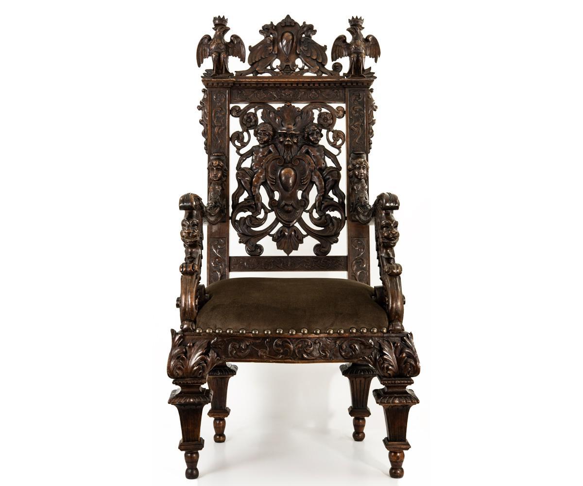This magnificent pair of his and hers Throne chairs has absolutely everything going for them The carvings include a Royal crest, eagles, birds and large cherubs. The top of the smaller chair has a heart. Quite unusually, the king's chair is also