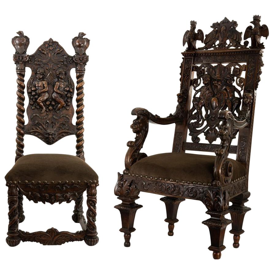 Antique 19th Century Royal Castle Pair of Hand Carved Italian Throne Chairs