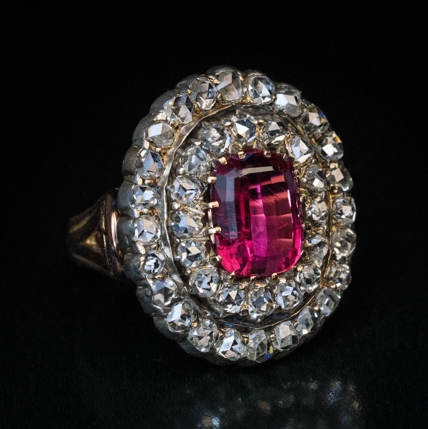 Antique 19th Century Rubellite Rose Cut Diamond Gold Ring In Excellent Condition In Chicago, IL