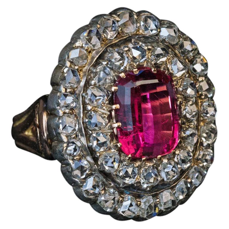 Antique 19th Century Rubellite Rose Cut Diamond Gold Ring