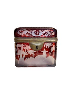 Antique 19th Century Ruby Bohemian Crystal Glass Jewel Casket Box