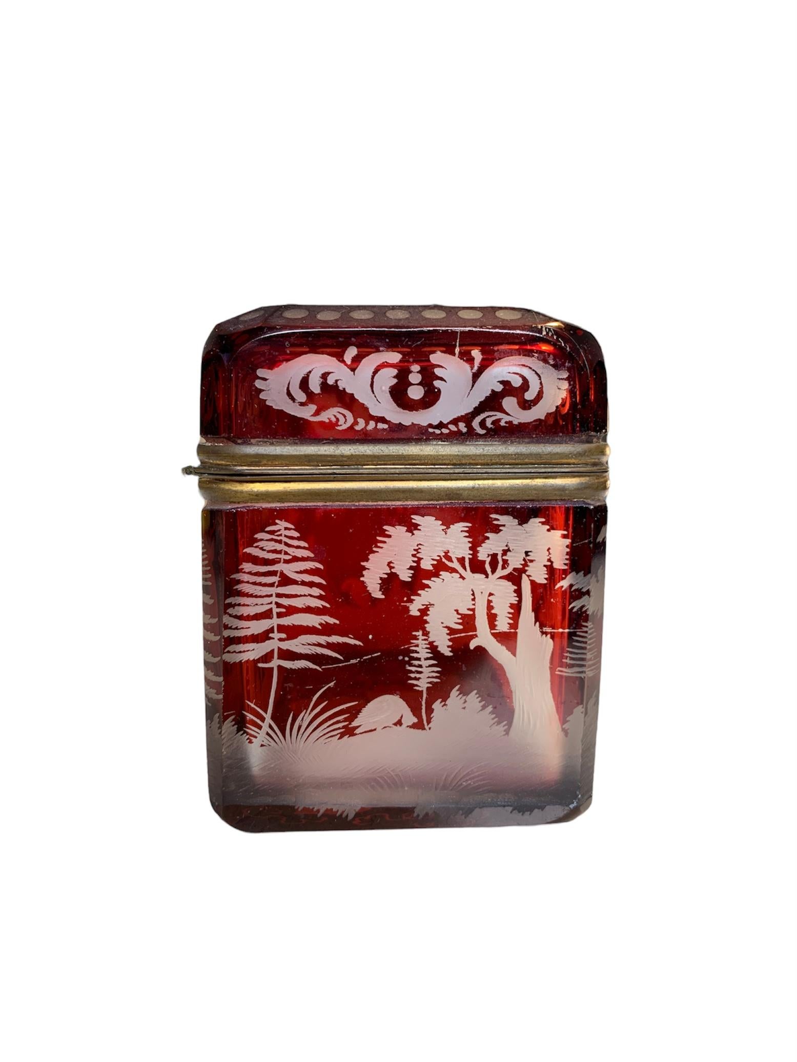 European Antique 19th Century Ruby Bohemian Crystal Glass Jewel Casket Box