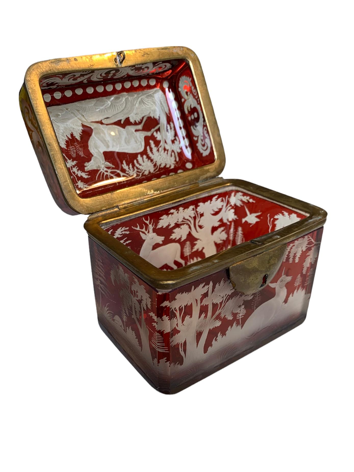 Brass Antique 19th Century Ruby Bohemian Crystal Glass Jewel Casket Box