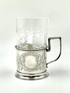 Antique 19th Century Russian 84 Silver and Crystal Tea Glass Holder