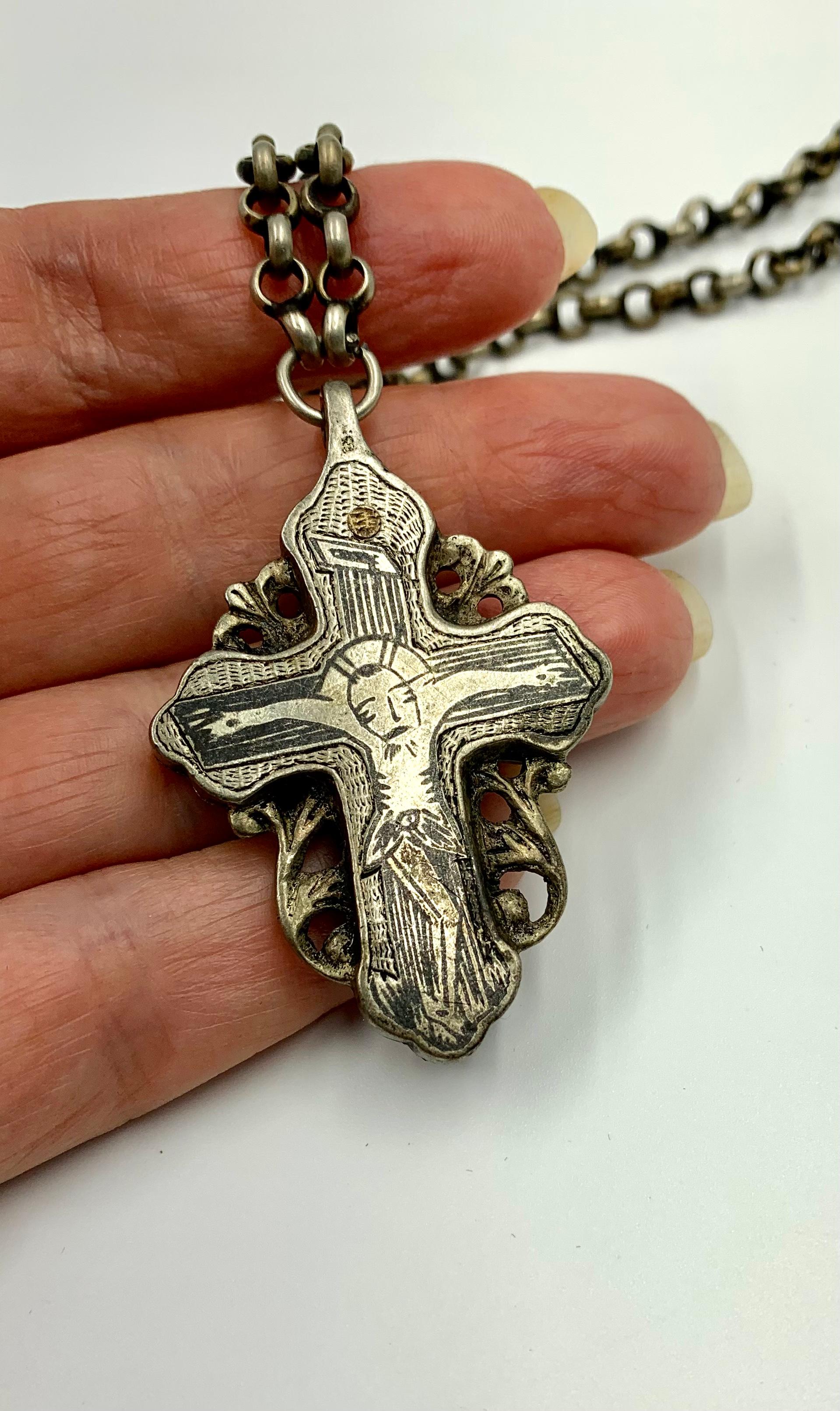Antique 19th Century Russian Double Sided Silver and Niello Reliquary Cross In Good Condition For Sale In New York, NY