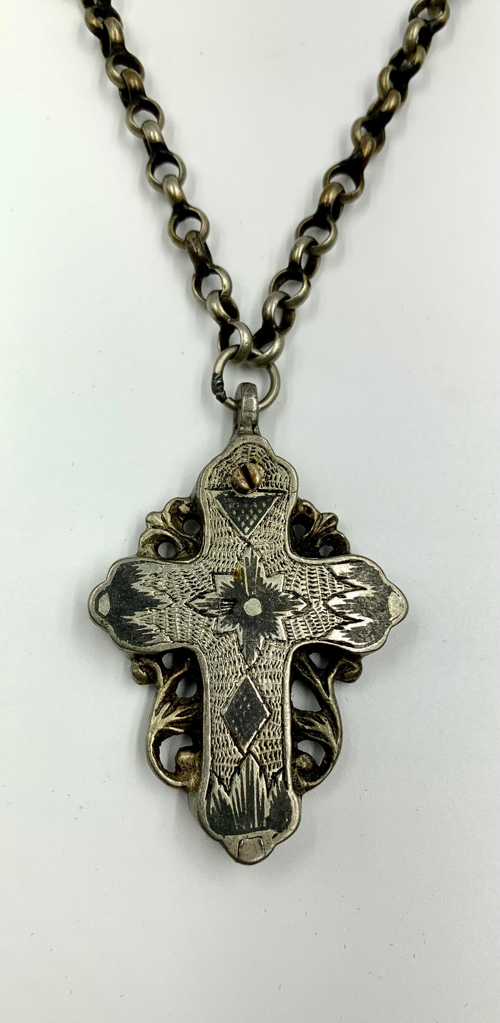 Antique 19th Century Russian Double Sided Silver and Niello Reliquary Cross For Sale 1